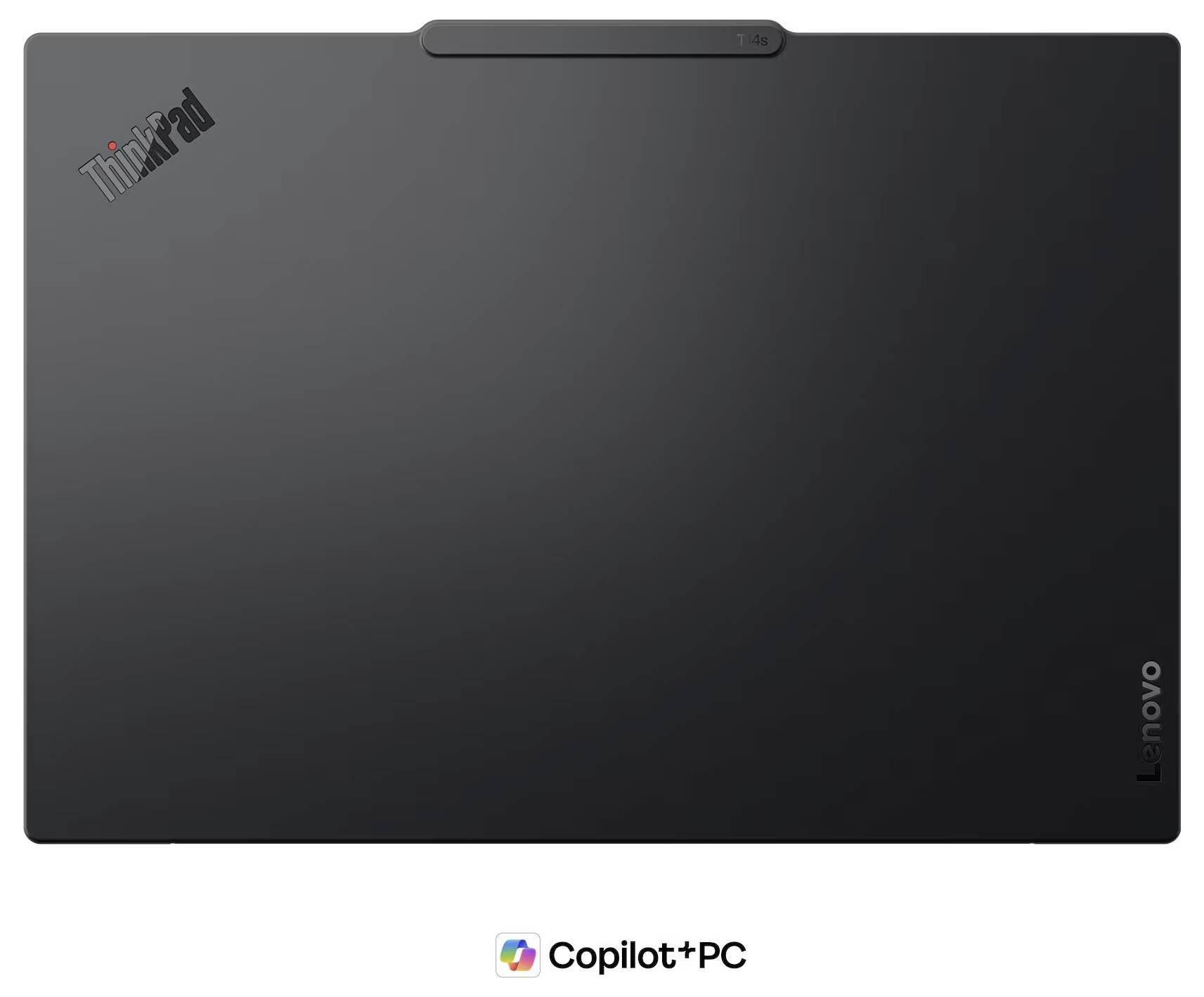 Schwarzer Lenovo ThinkPad Laptop-Deckel mit Logo oben links und Lenovo-Branding auf der rechten Seite; Copilot+ PC-Etikett darunter.