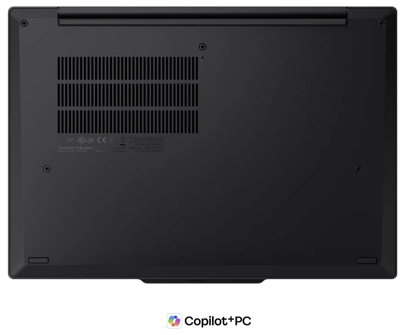 Unteransicht eines schwarzen Laptops mit Belüftungsgitter, Schrauben und Gummifüßen; Copilot+ PC-Logo unten angezeigt.