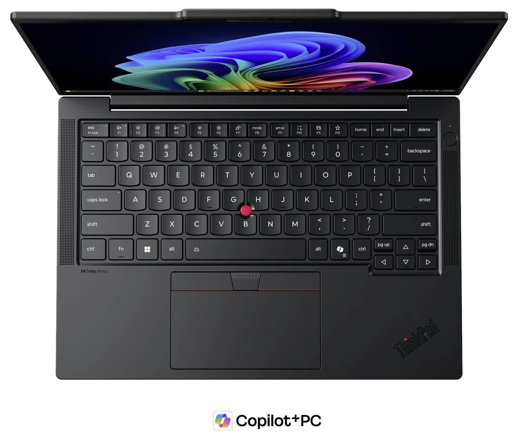 Draufsicht auf einen schwarzen Laptop mit geöffnetem Bildschirm, der eine farbenfrohe abstrakte Tapete und Copilot+ PC-Branding darunter zeigt.
