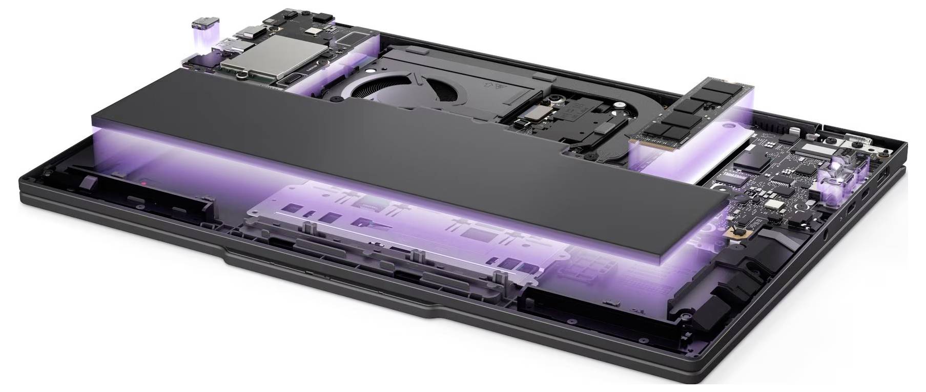 Explodierte Ansicht eines Laptops mit internen Komponenten und einem großen zentralen Akku, der mit violetter Beleuchtung hervorgehoben ist.