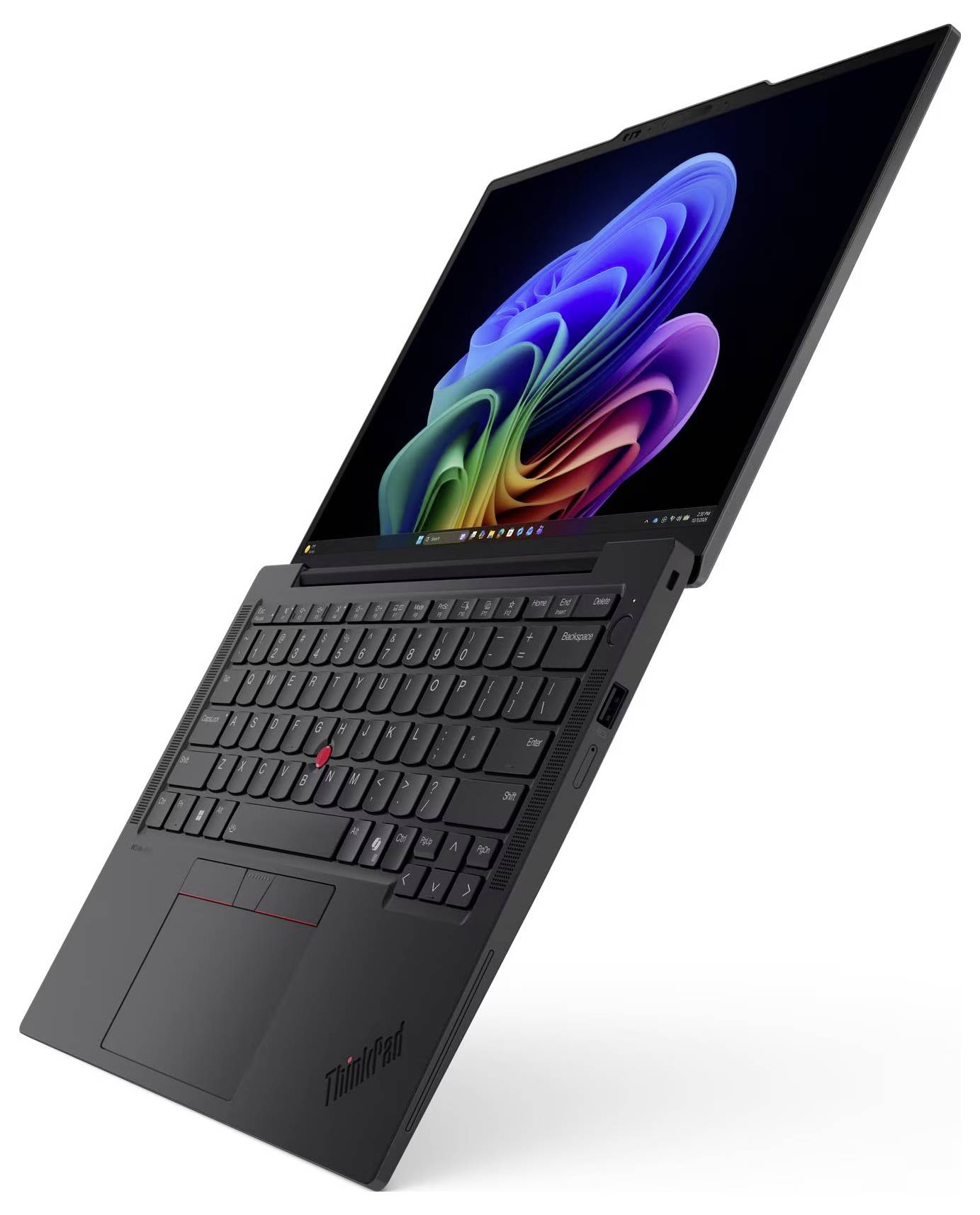 Schwarzes Lenovo ThinkPad Laptop im Zeltmodus mit nach hinten geneigtem Bildschirm, zeigt ein farbenfrohe abstrakte Tapete und angebrachte Tastatur