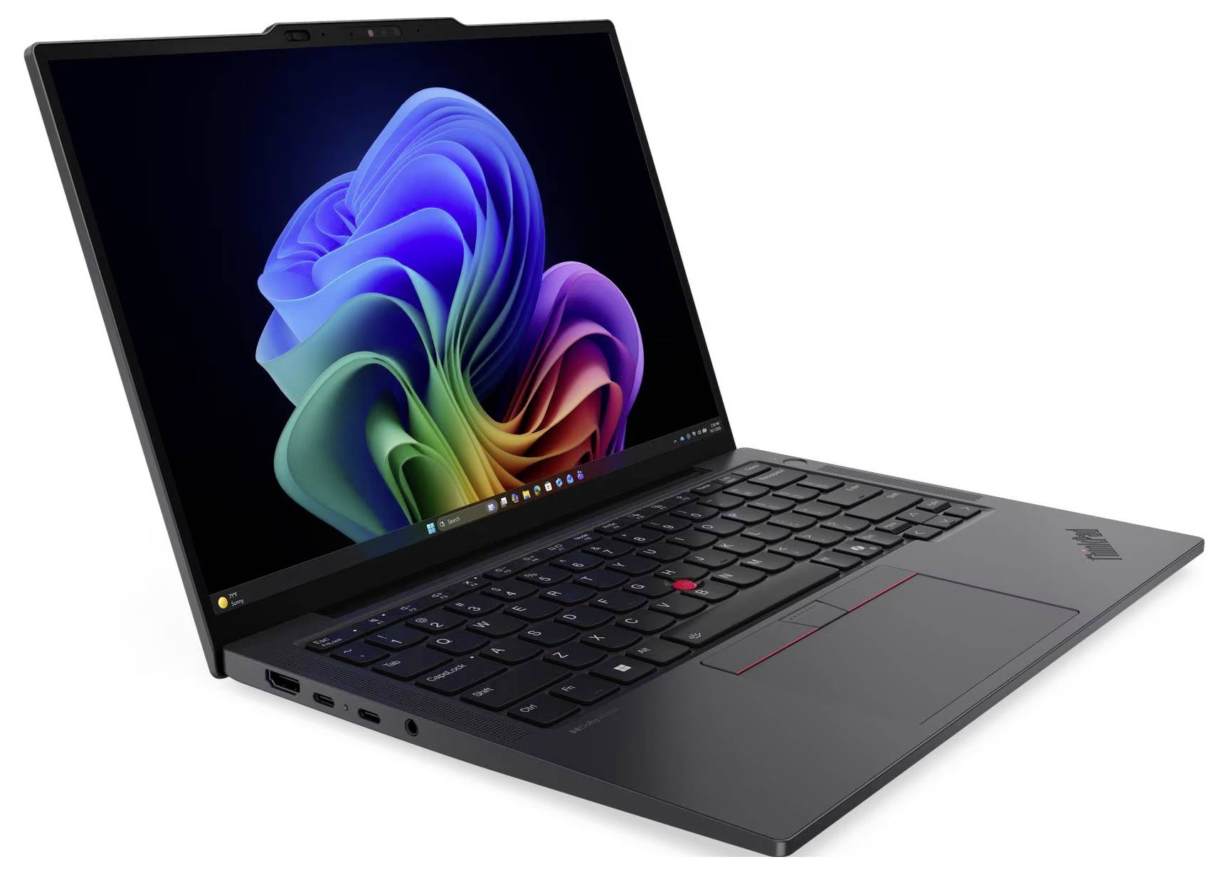 Schwarzer Lenovo ThinkPad-Laptop, der in einem Winkel geöffnet ist und ein buntes abstraktes Windows-Hintergrundbild auf dem Bildschirm zeigt.