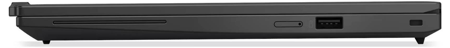 Seitenansicht eines geschlossenen schwarzen Laptops, der die vordere Kante mit einem kleinen Anschluss und einem Statusbereich zeigt.