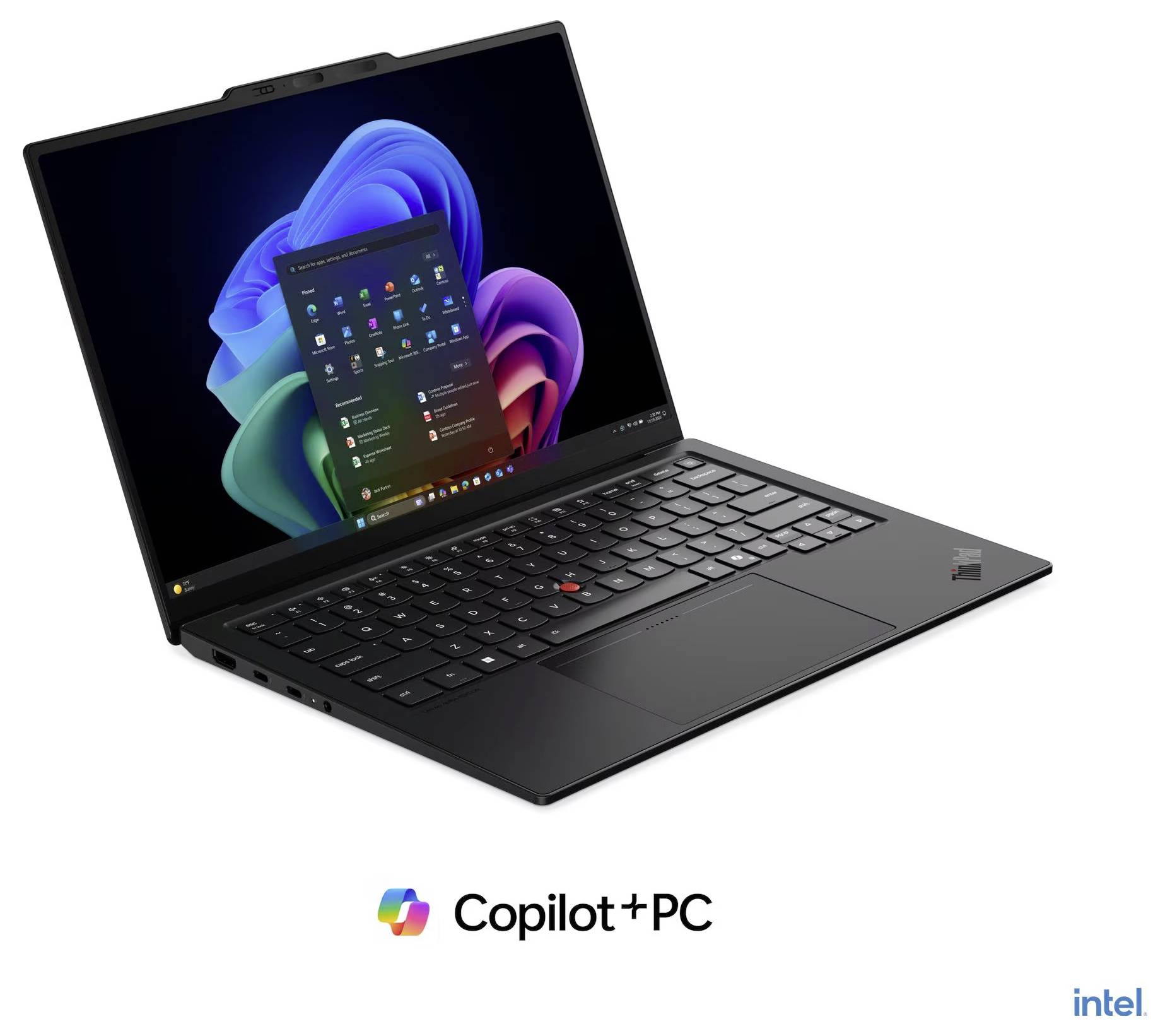 Schwarzer Laptop offen mit Windows 11 auf dem Bildschirm, gezeigt als Copilot+ PC mit Intel-Branding.