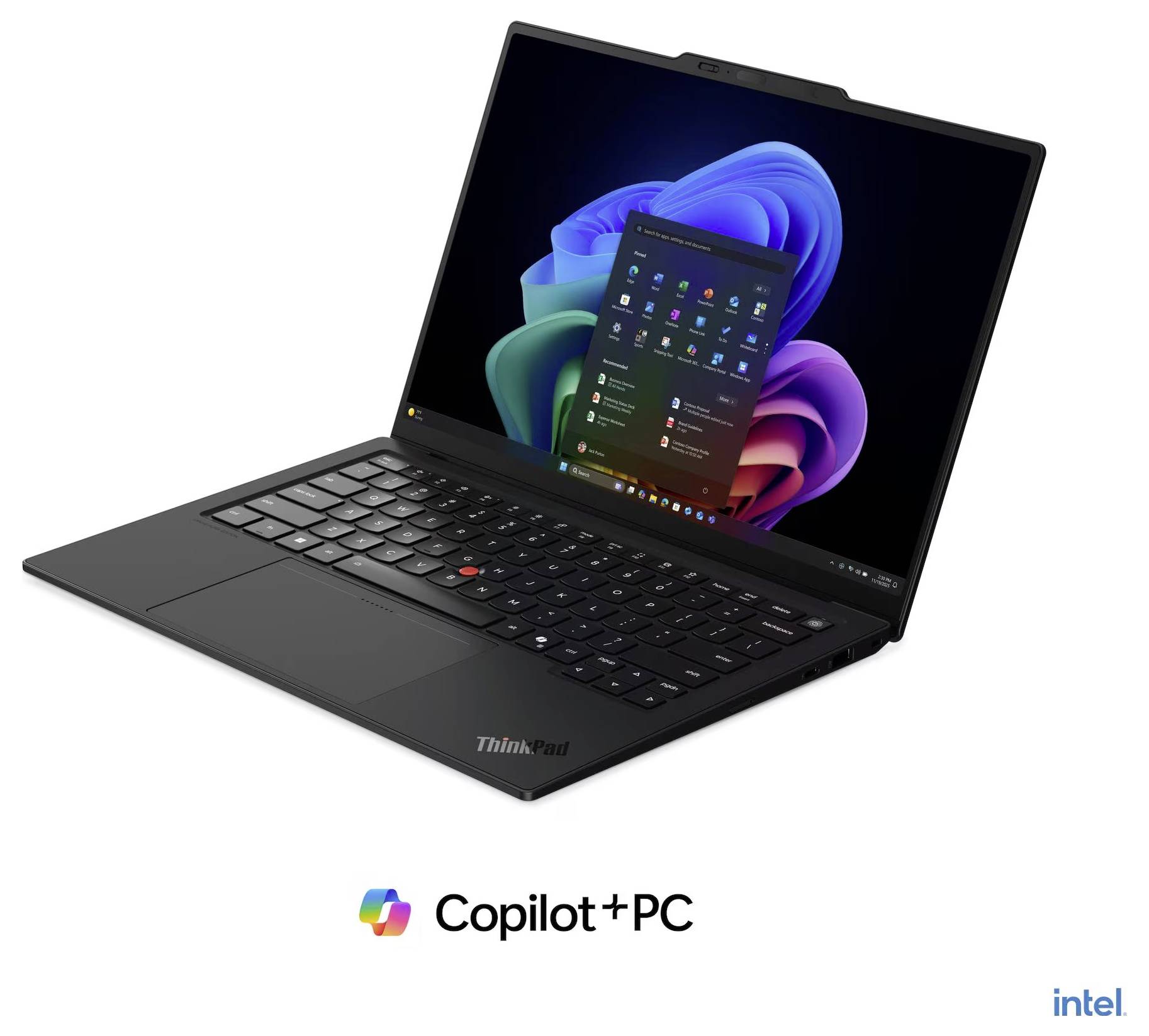 Schwarzer Lenovo ThinkPad-Laptop mit Windows 11 und Copilot auf dem Bildschirm, mit den Logos 