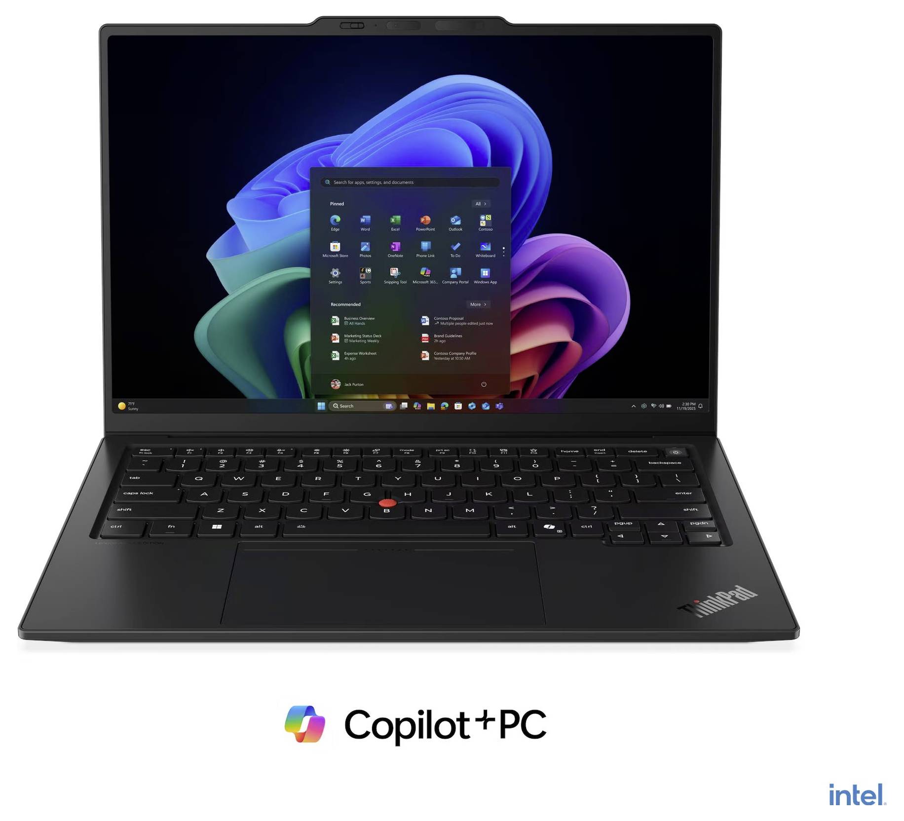 Ein Lenovo-Laptop, der den Windows 11-Desktop und das Startmenü anzeigt, mit 