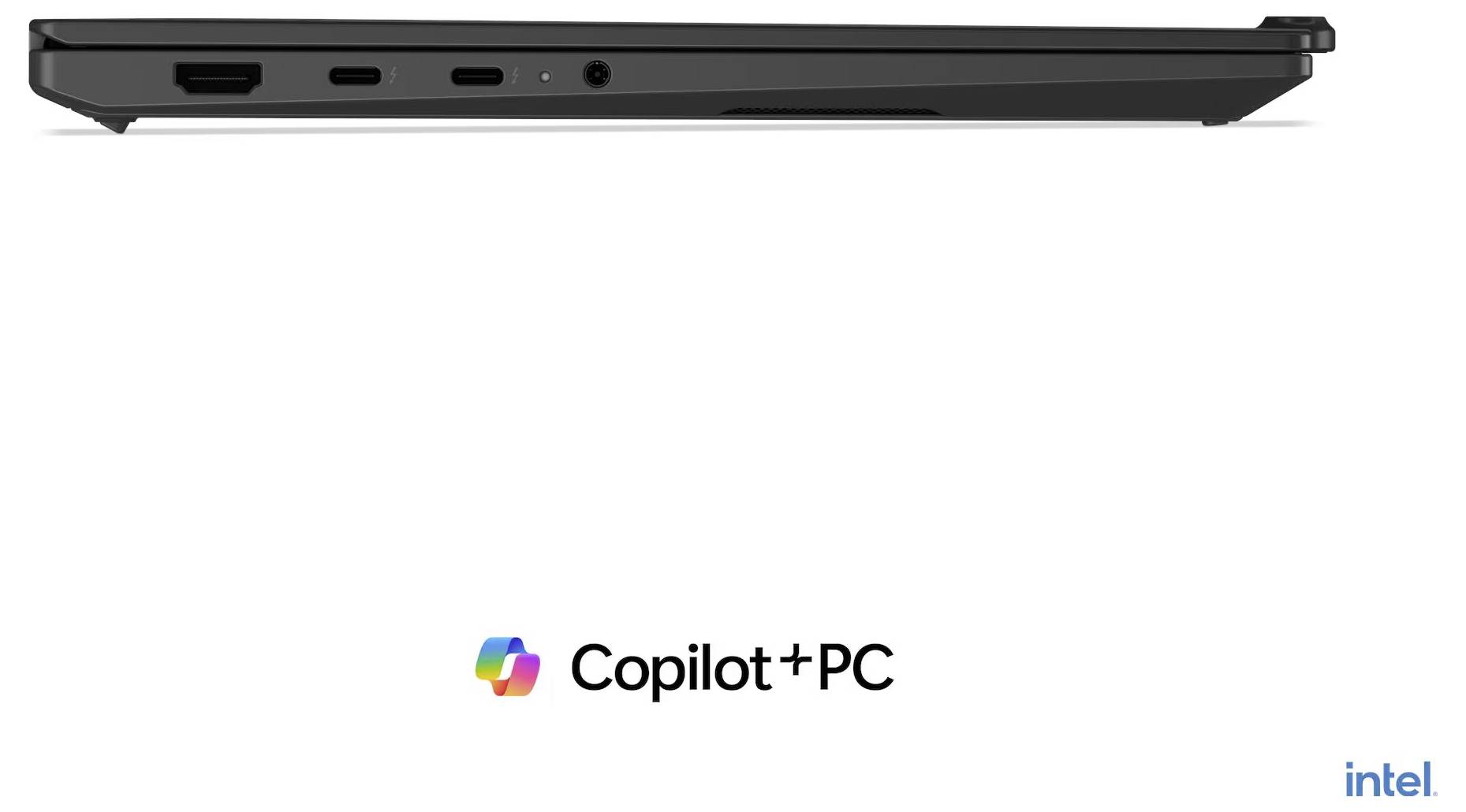 Seitenansicht eines dünnen schwarzen Laptops mit Copilot+PC- und Intel-Branding darunter angezeigt.