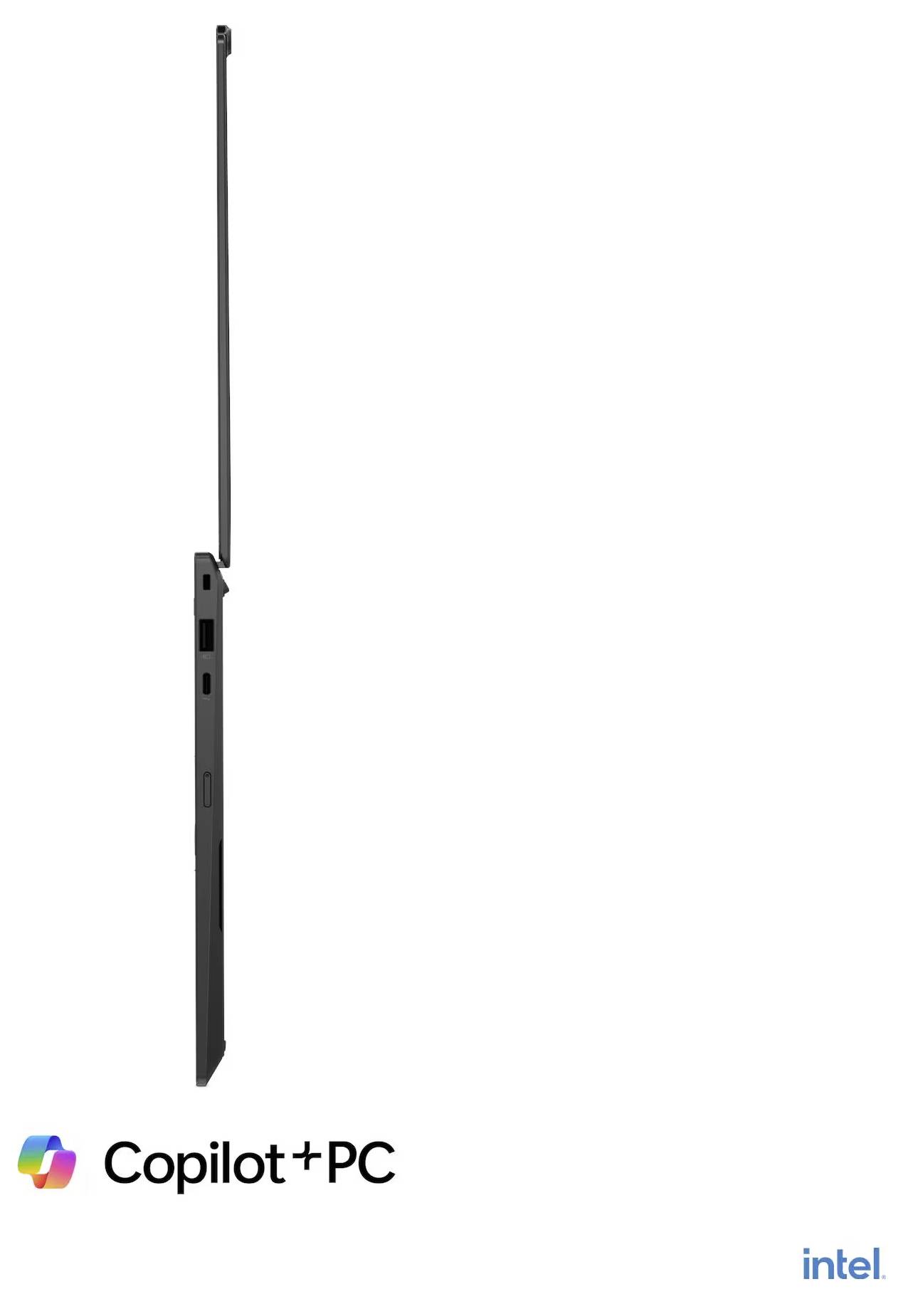 Schlanker schwarzer Laptop in Profilansicht mit langer Antenne, darunter beschriftet mit 