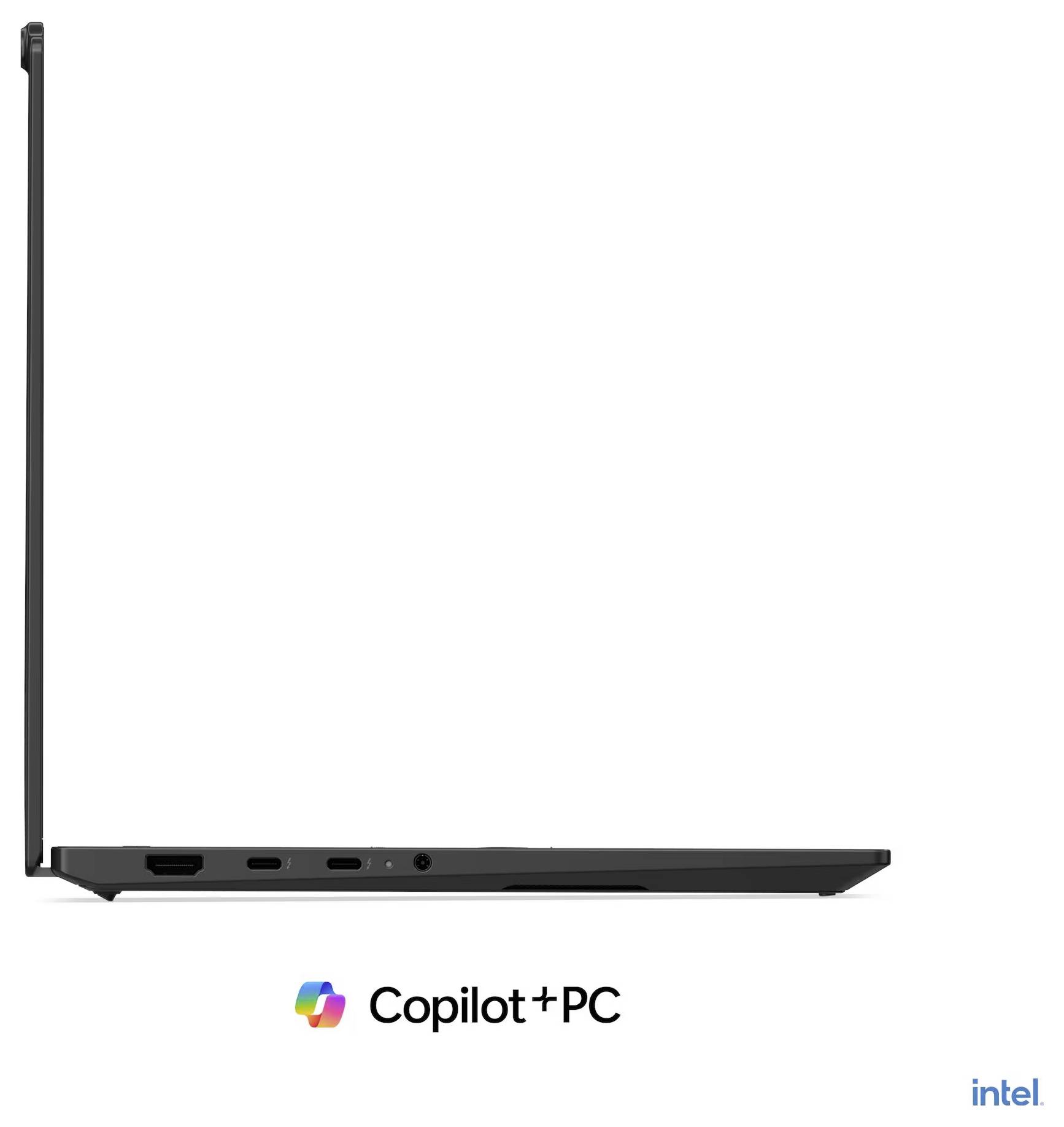 Seitenansicht eines dünnen schwarzen Laptops, der teilweise in einer L-Form geöffnet ist, mit den Logos 