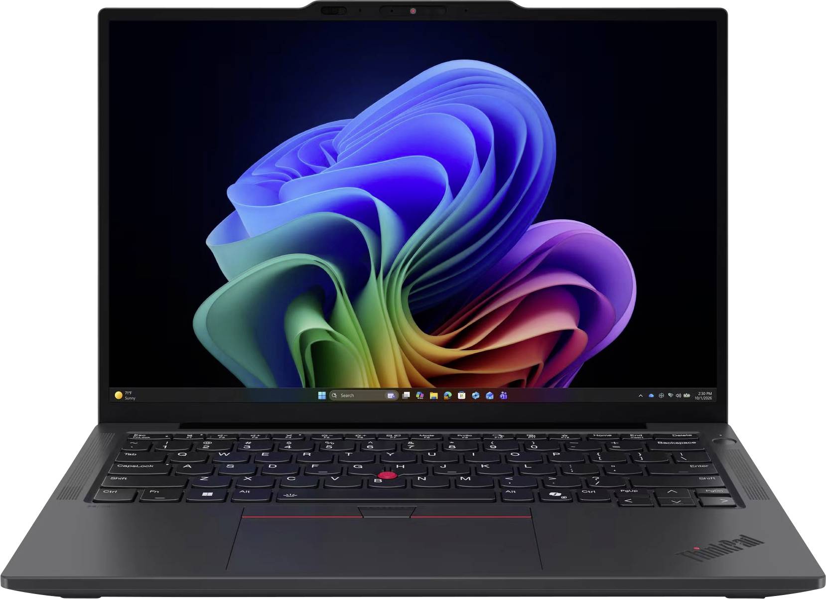 Schwarzer Lenovo ThinkPad-Laptop geöffnet mit Windows 11-Desktop auf dem Bildschirm und buntem abstraktem Hintergrundbild.
