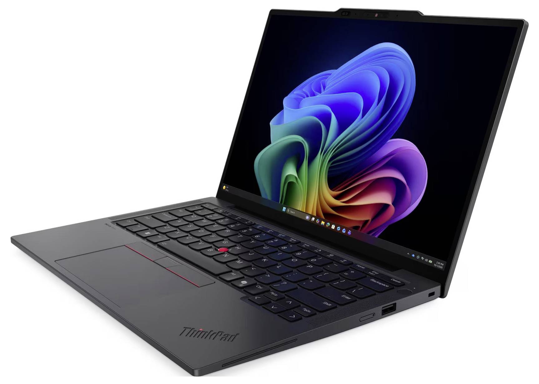 ThinkPad Laptop im Winkel geöffnet mit Windows 11 Hintergrund auf dem Bildschirm und dunkler Tastatur mit rotem TrackPoint.
