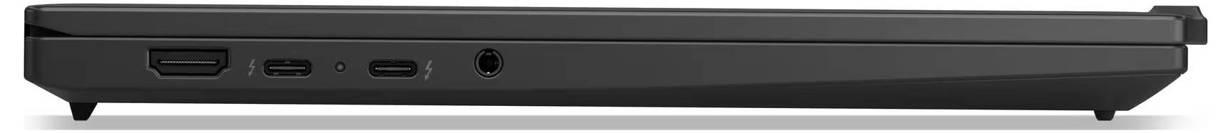Seitenansicht eines dünnen schwarzen Laptops oder Notebooks, die seine linke Kante mit Lüftungsgitter, Anschlüsse und eine Kopfhörerbuchse zeigt.