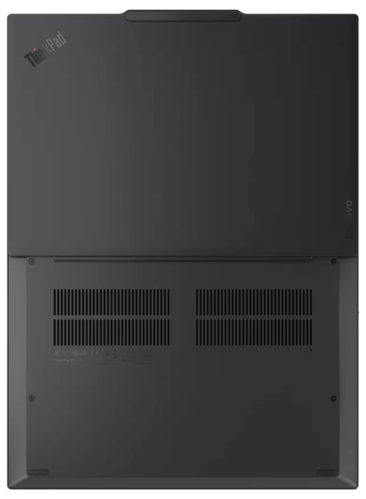 Rückansicht eines schwarzen Lenovo ThinkPad-Laptops mit Lüftungsgittern, hinteren Scharnieren und 