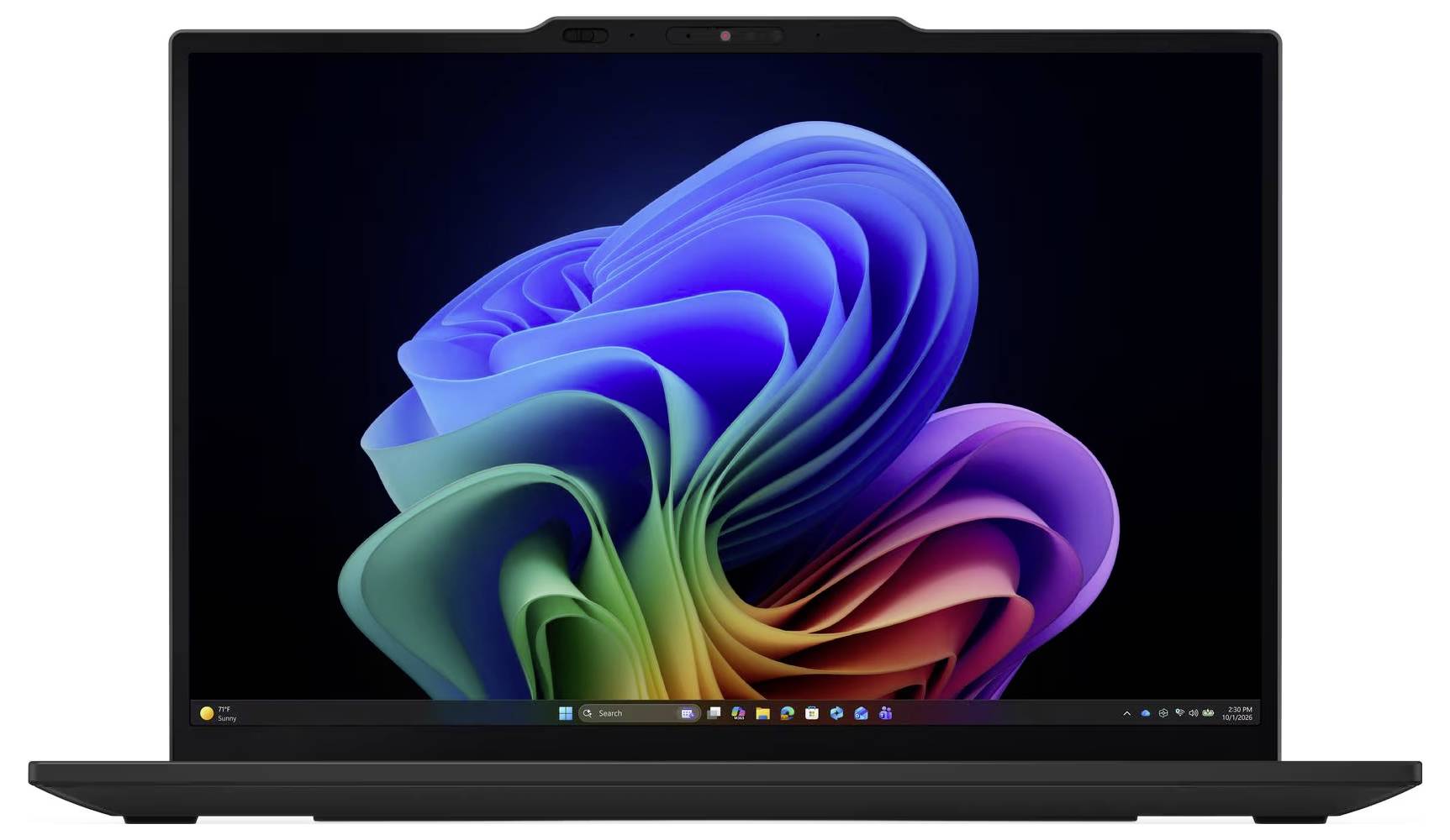 Ein Laptop mit einer Windows 11-Desktophintergrund-Anzeige auf dem Bildschirm.