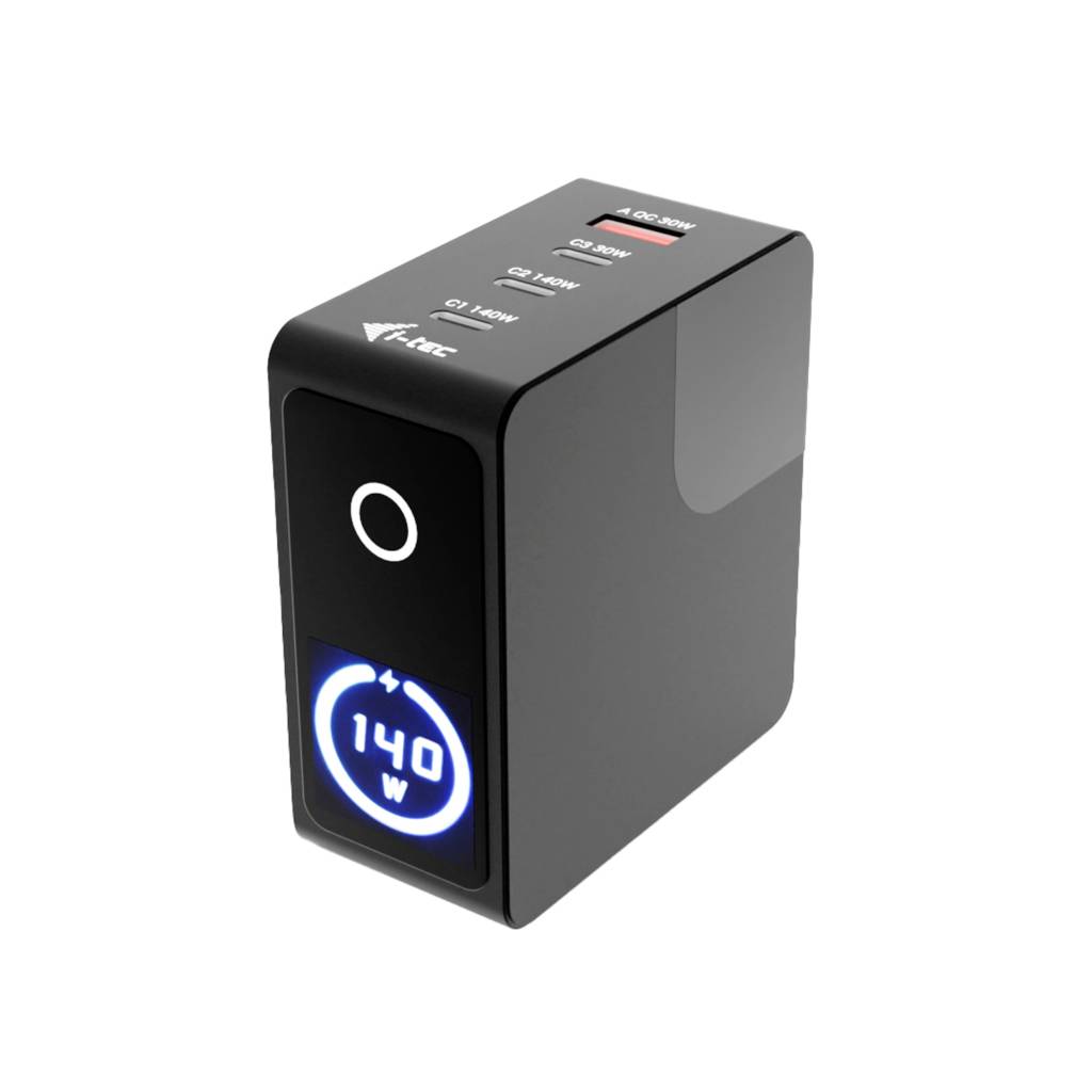 Schwarzes USB-C-Wandladegerät mit einer vorderen Ein-/Aus-Taste und blauem digitalen Display, das „140W