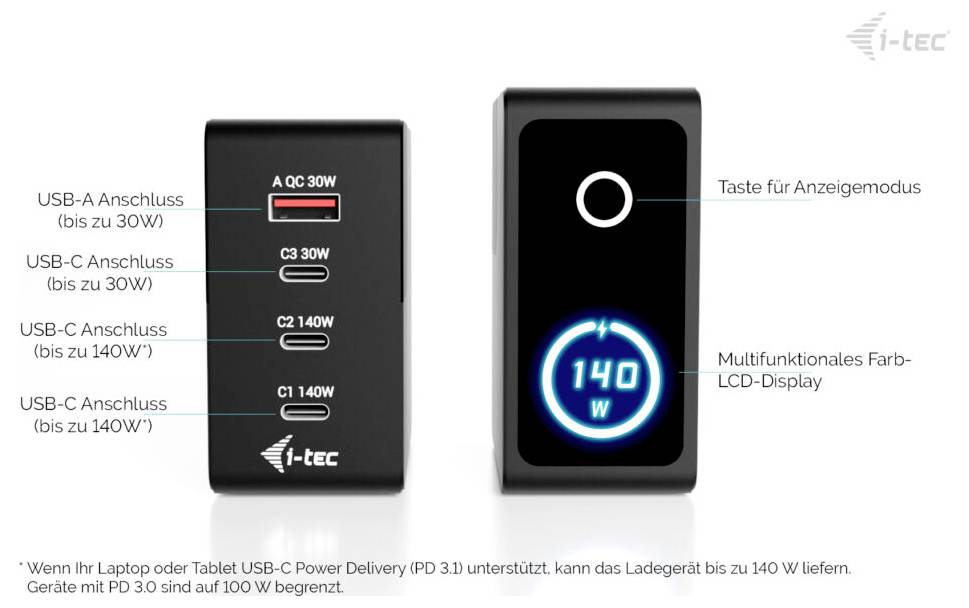 I-tec 140W Intelligent Multiport USB Charger USB Ladegerät 140W 3x USB-C®, 1x USB-A USB PD 3.1 Schwarz USB Power Delivery (USB-PD)