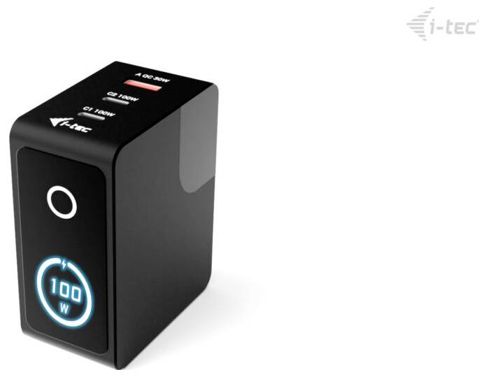 Schwarzes i-tec Ladedock mit beleuchtetem 100-W-Display und Netztaste, dargestellt auf weißem Hintergrund