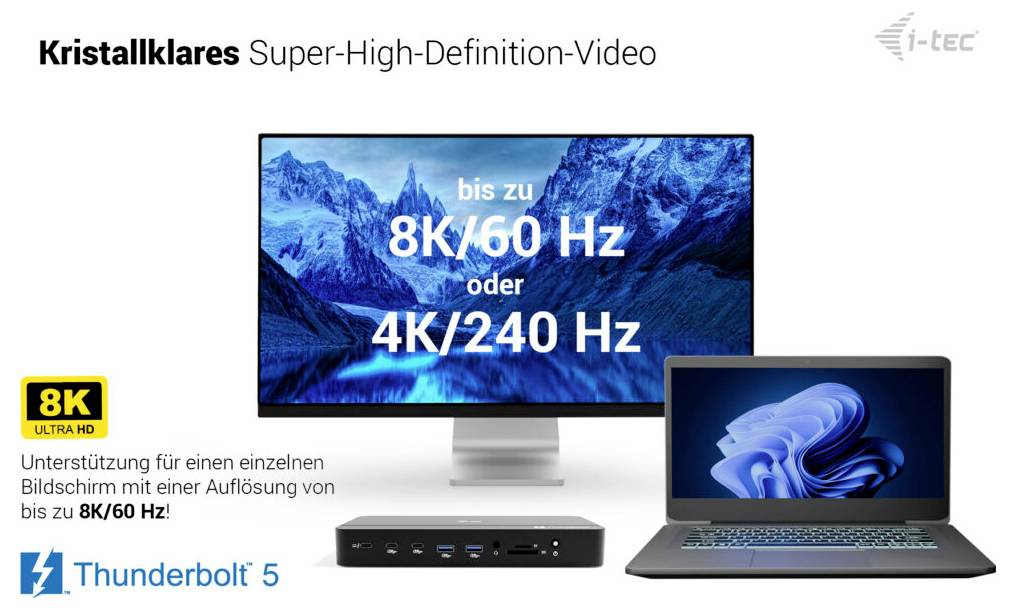 Werbe-Grafik für i-tec Crystal clear Super-High-Definition-Video mit einem Monitor, Dock und Laptop sowie Text „bis zu 8K/60 Hz oder 4K/240 Hz
