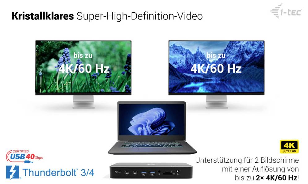 I-tec Thunderbolt™ 5 Dockingstation Thunderbolt 5 Triple Display DS inkl. Kensington-Schloss, USB-C® Power Delivery, integrierter