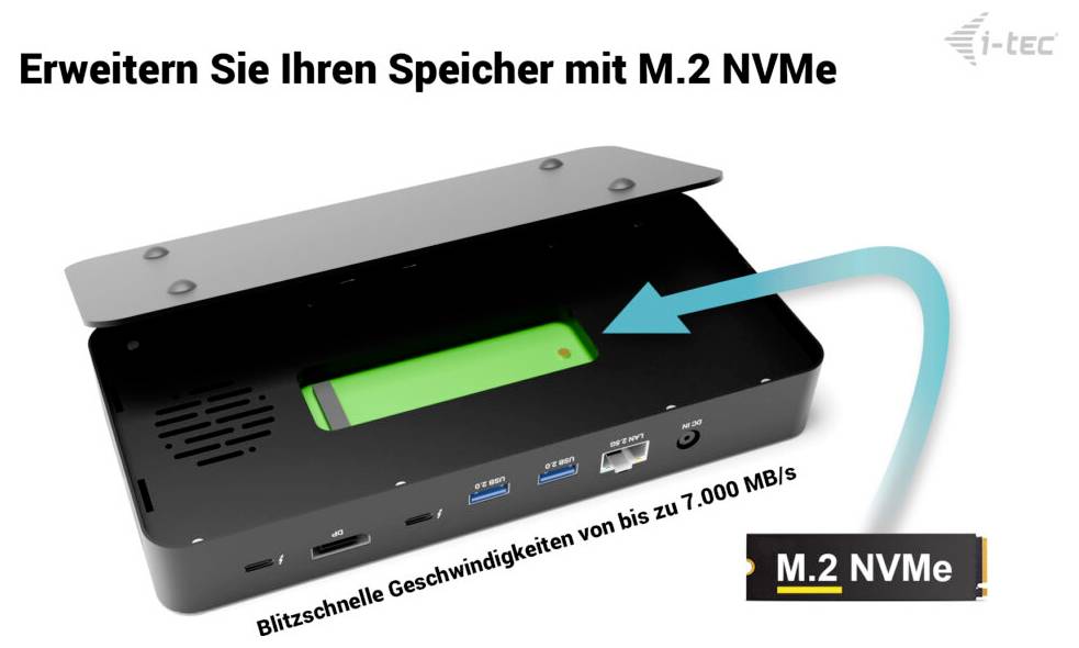 Promotionsgrafik, die ein externes Laufwerksgehäuse mit eingelegter M.2 NVMe SSD zeigt, beschriftet mit 
