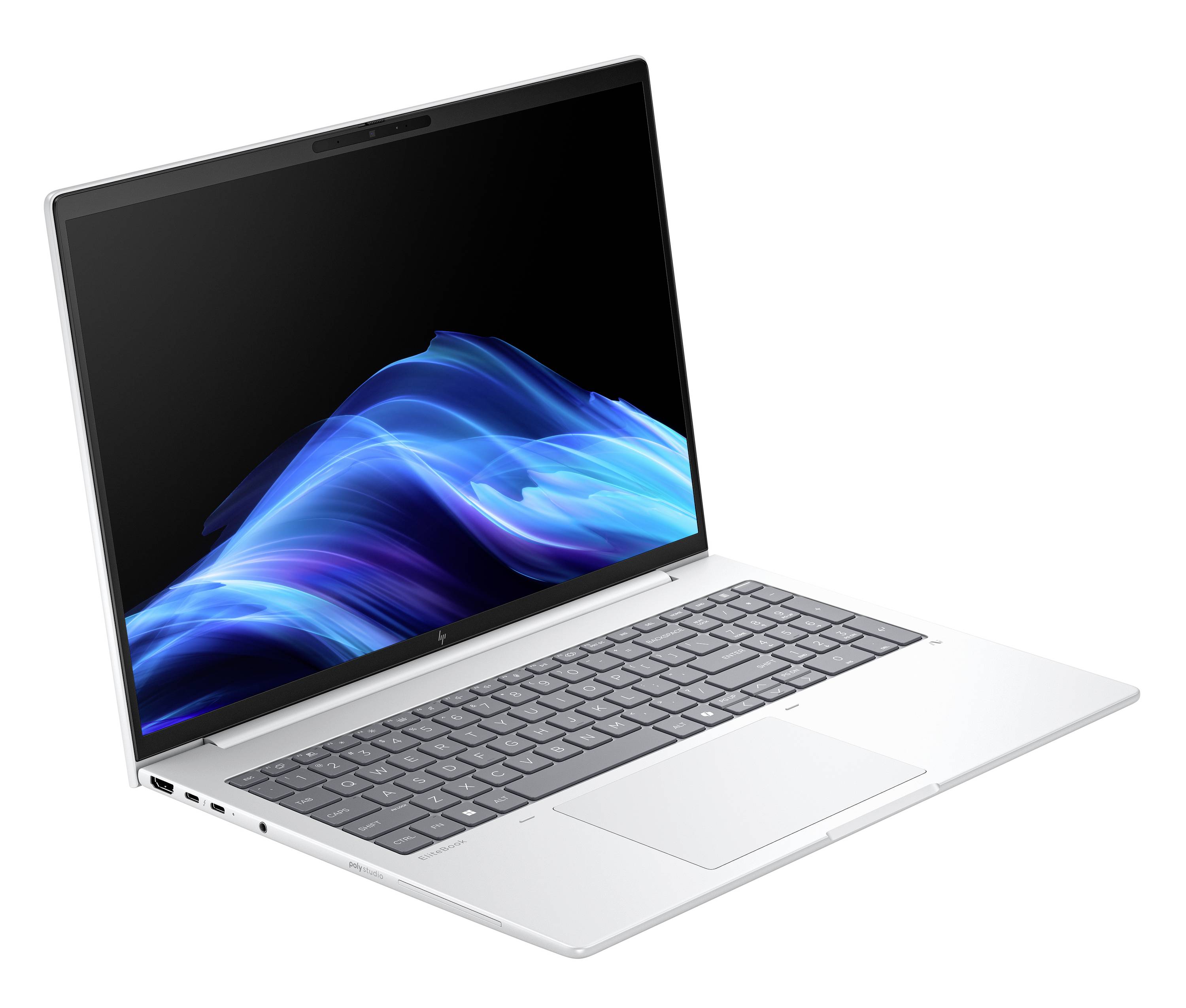 Silberner Laptop mit schwarzem Bildschirm, auf dem eine blaue Wellen-Tapete angezeigt wird, im Winkel auf weißem Hintergrund geöffnet.