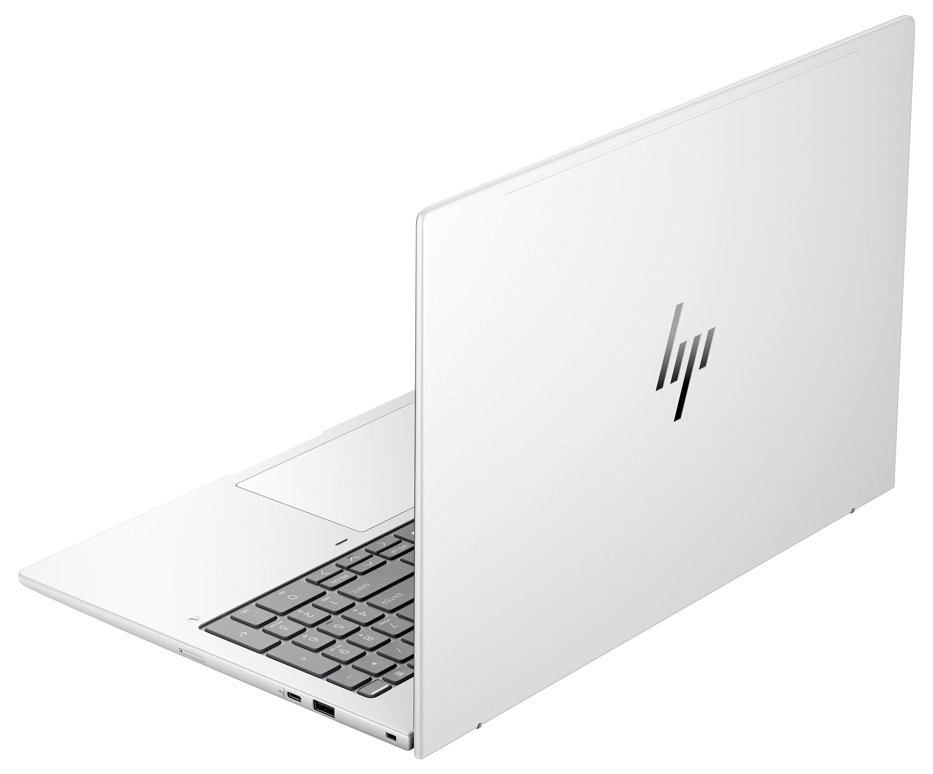 Silberner offener HP-Laptop, teilweise geschlossen im Winkel dargestellt, mit sichtbarer Tastatur und HP-Logo auf dem Deckel.
