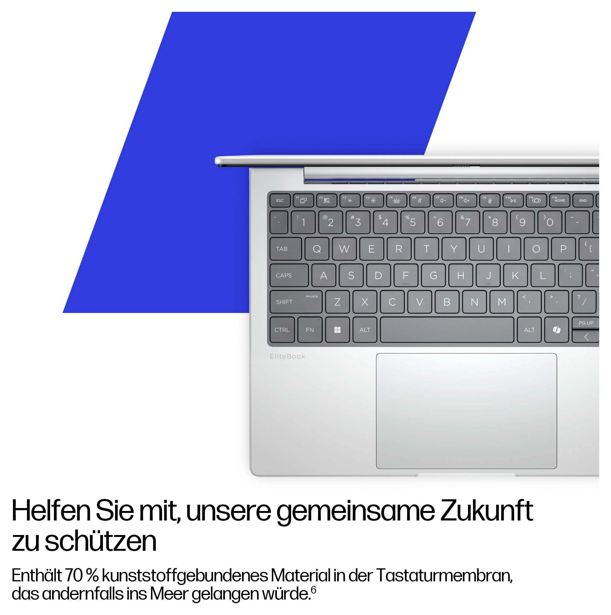 Ein Laptop-Tastatur und Touchpad auf weißem Hintergrund mit einer blauen Form; deutscher Text sagt 