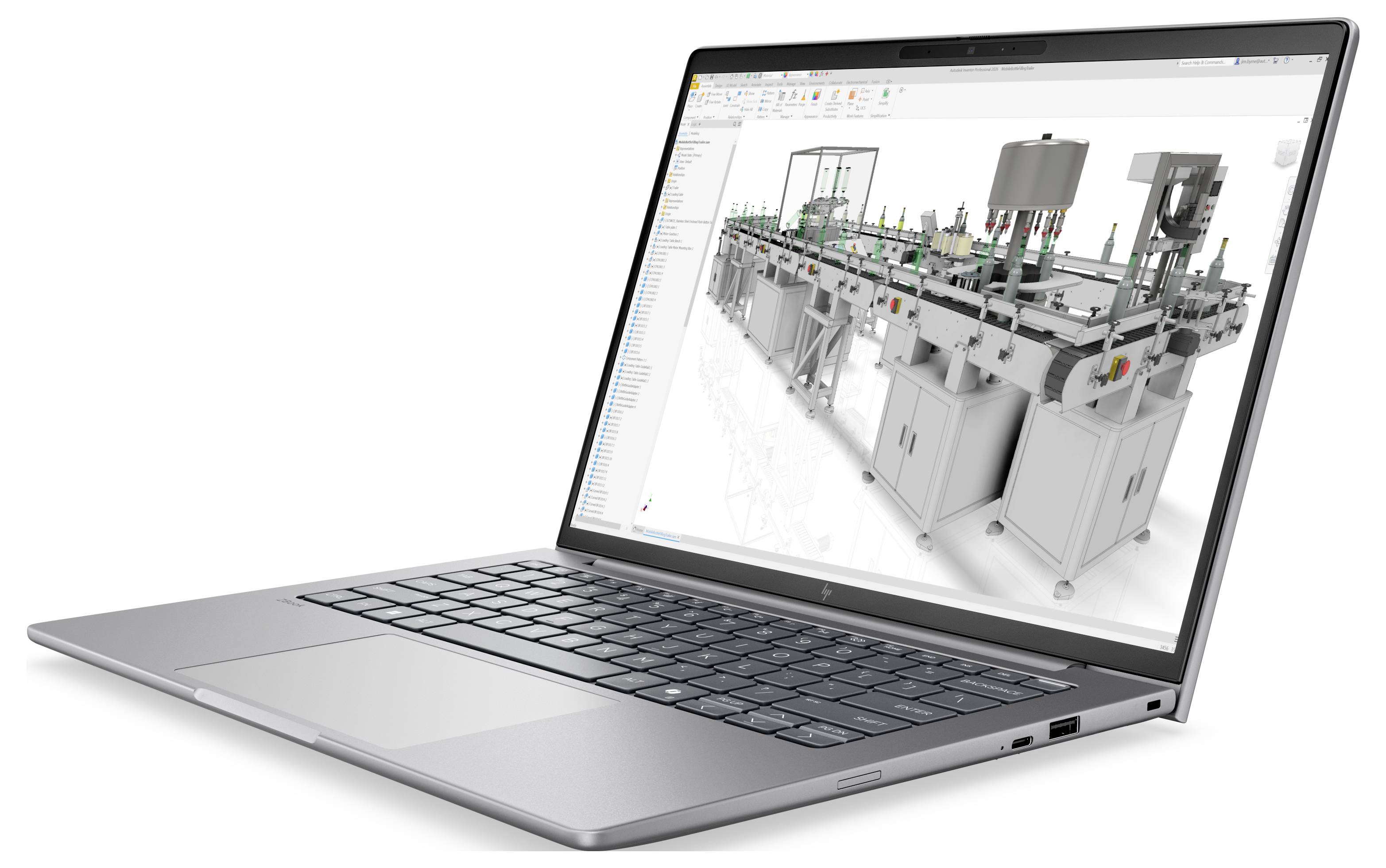 Silberner Laptop in einem Winkel geöffnet, auf dem Bildschirm ein farbenfrohes abstraktes Windows-ähnliches Hintergrundbild und eine sichtbare Tastatur und ein Trackpad.