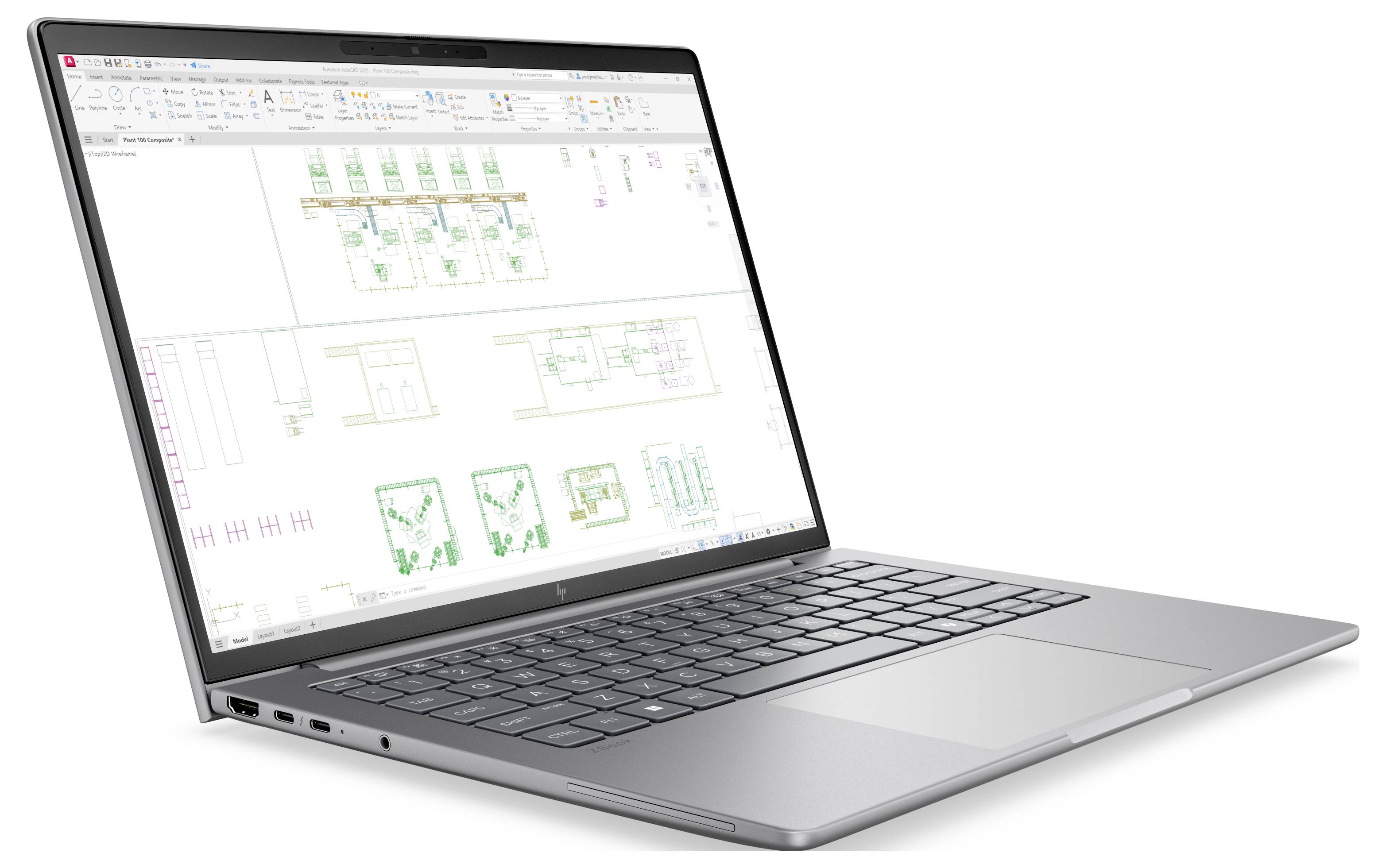 Offener Laptop mit komplexem Ingenieur-Schaltplan oder Grundriss-Layout auf einer Design-Software-Schnittstelle.