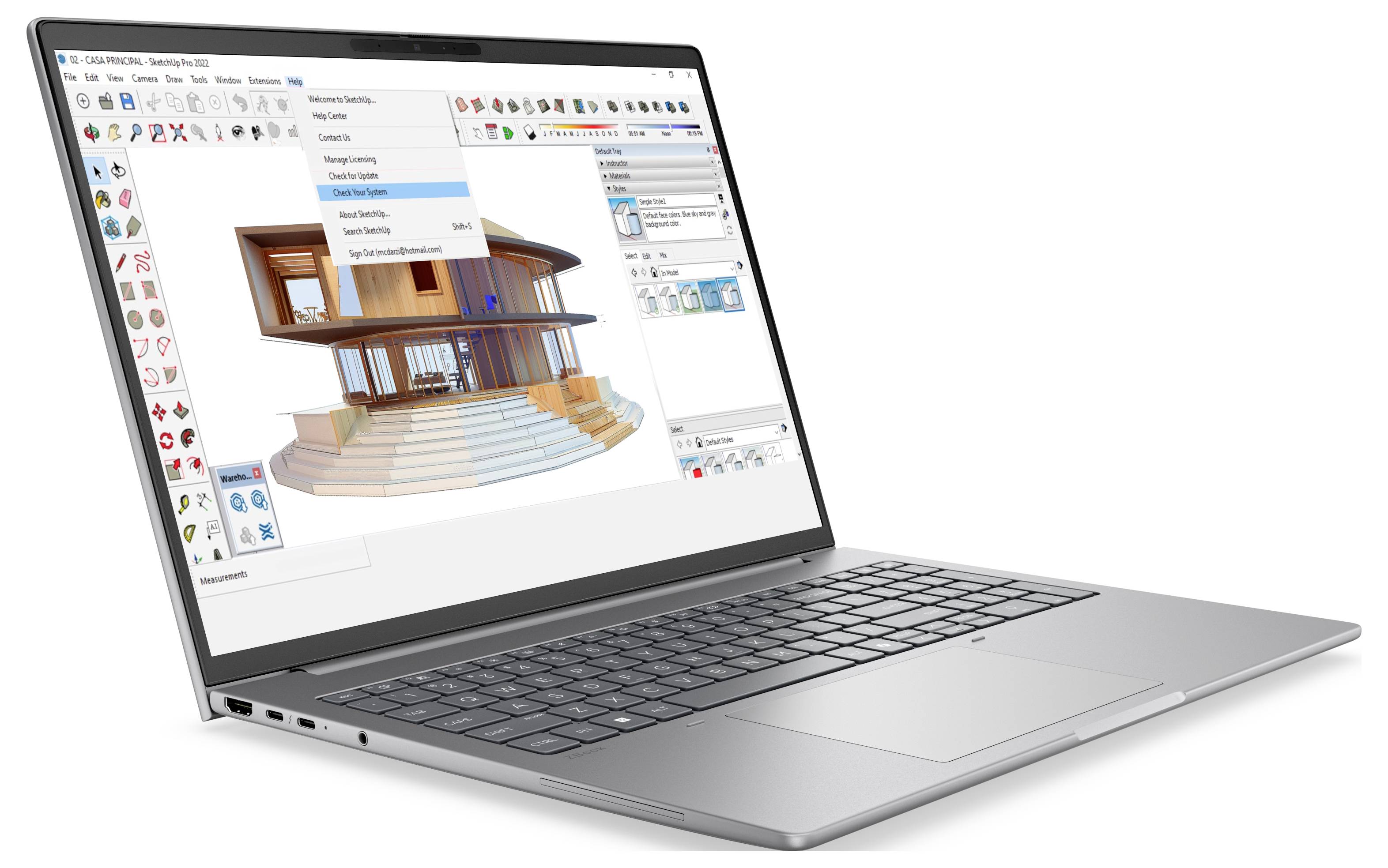 Seitenansicht eines dünnen Laptops, der teilweise offen ist, wobei das schlanke Profil mit Anschlüssen und einem erhöhten Bildschirmgelenk sichtbar ist.