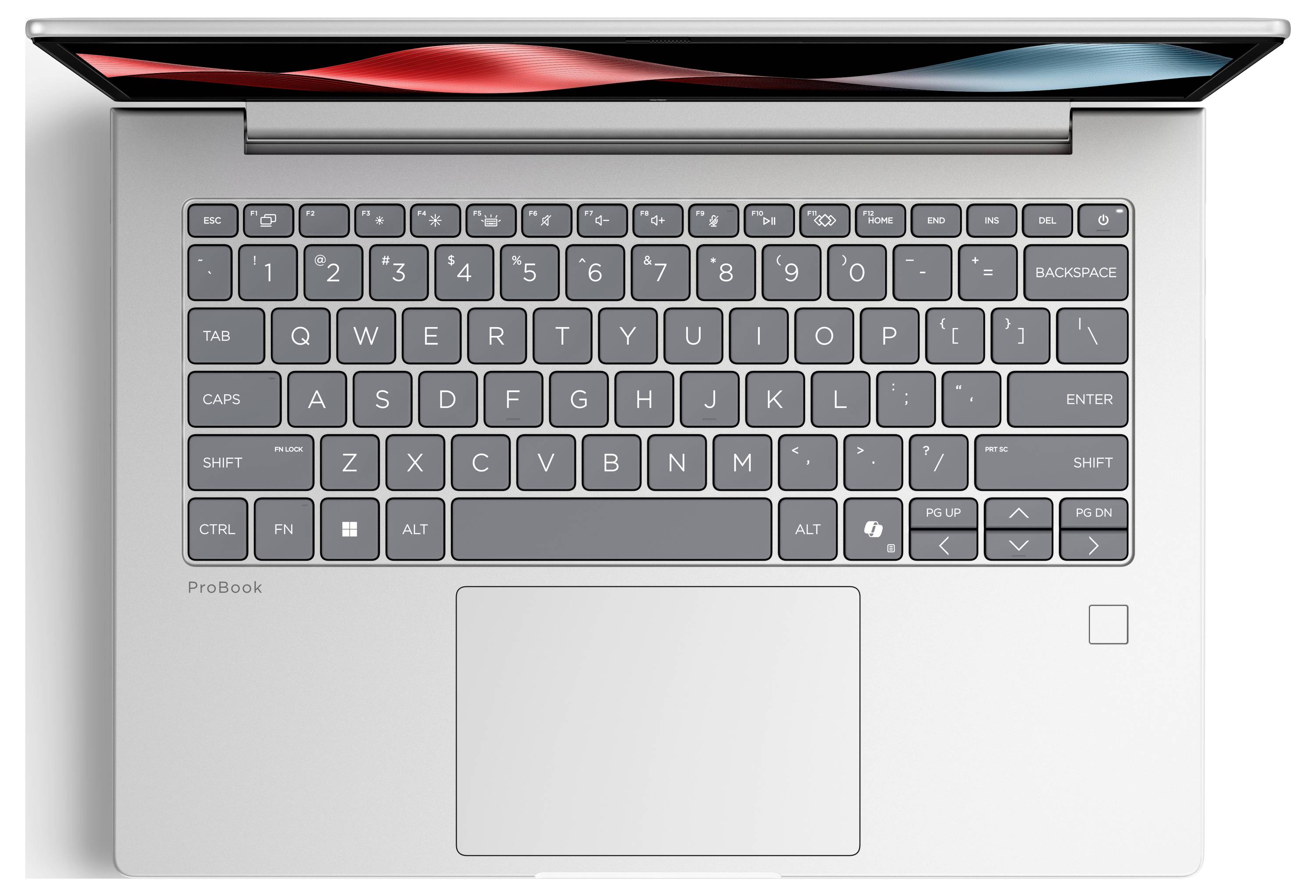Draufsicht auf einen offenen silbernen HP ProBook-Laptop mit sichtbarer Tastatur, großem Trackpad und teilweise sichtbarem Bildschirm mit rot-blauem abstraktem Hintergrundbild.