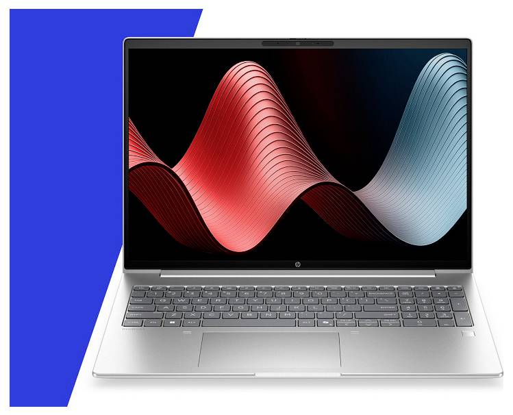 Silberner Laptop mit schwarzem Bildschirm, der rote und blaue fließende Wellengrafiken auf weißem Hintergrund mit einer blauen Akzentform anzeigt.