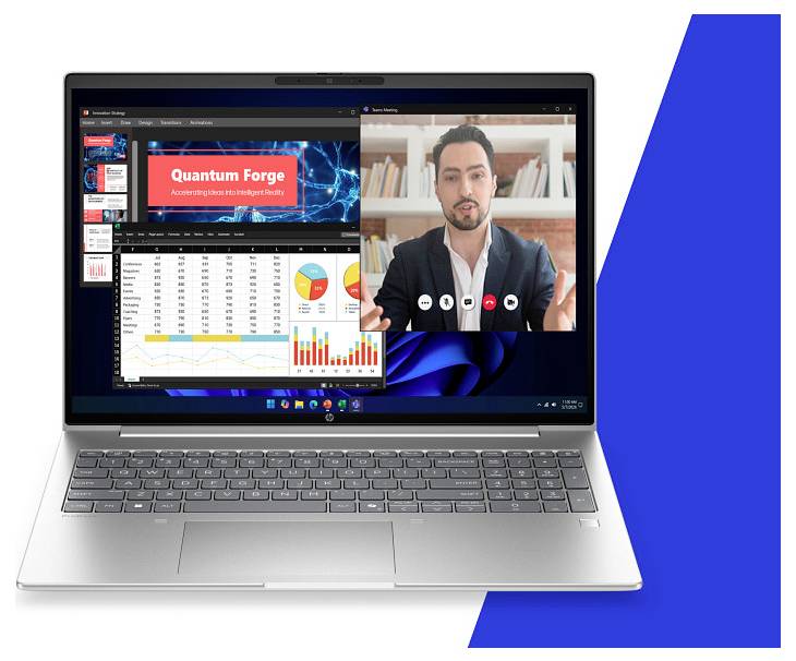 Laptop-Bildschirm, der ein Präsentations-Dashboard mit dem Titel „Quantum Forge" neben einem Videoanruf mit einem sprechenden Mann anzeigt, sowie Diagramme und Datentabellen.