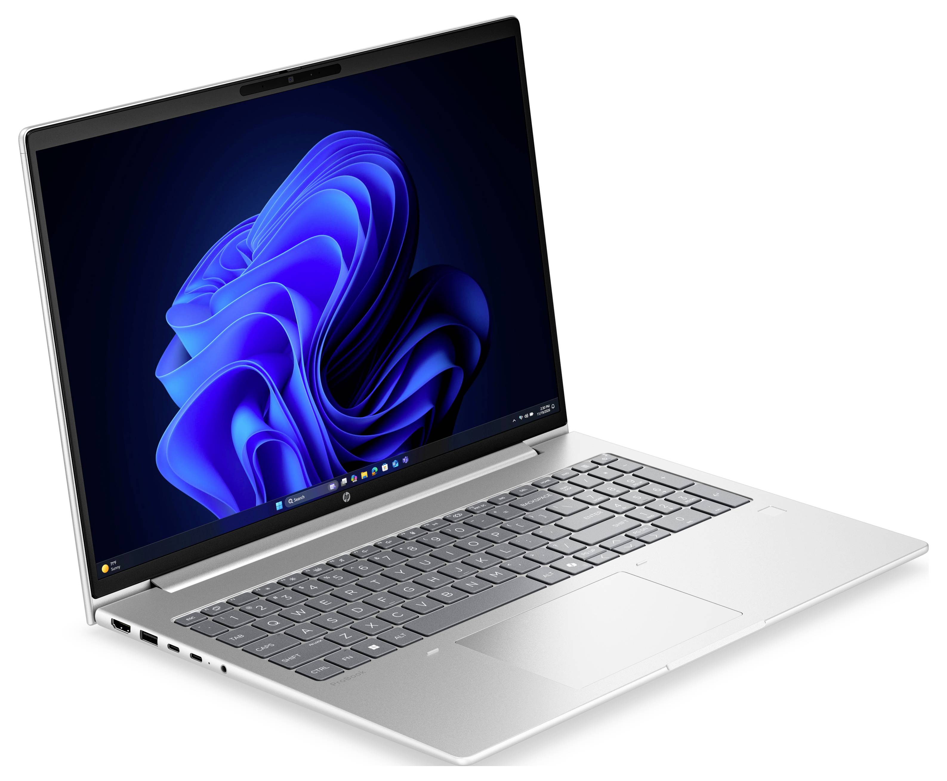 Seitenansicht eines geschlossenen silbernen Laptops, die sein schlankes Profil und seitliche Anschlüsse zeigt.