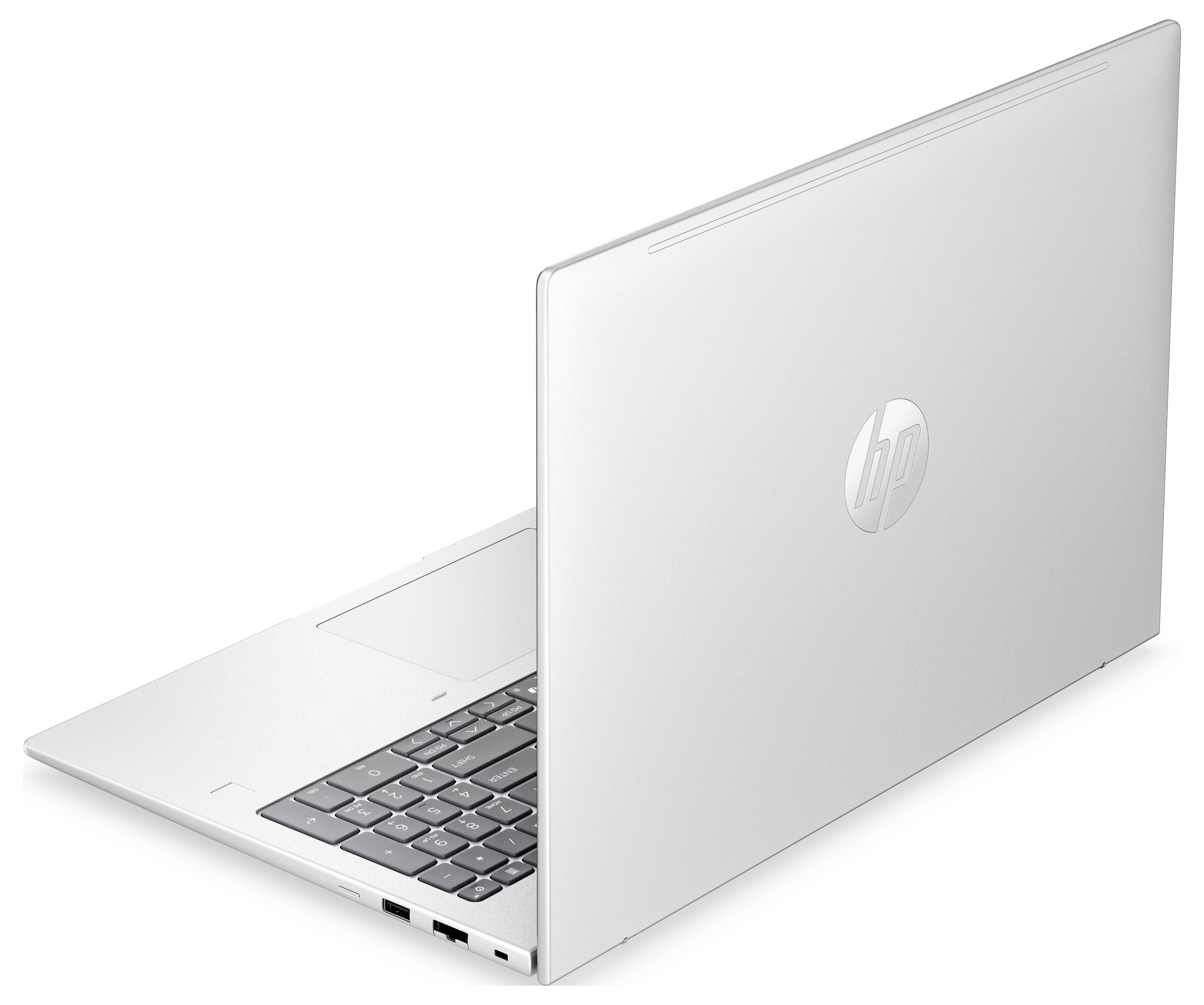 Silberner HP-Laptop, teilweise offen auf weißem Hintergrund dargestellt, mit sichtbarer Tastatur und HP-Logo auf dem Deckel.