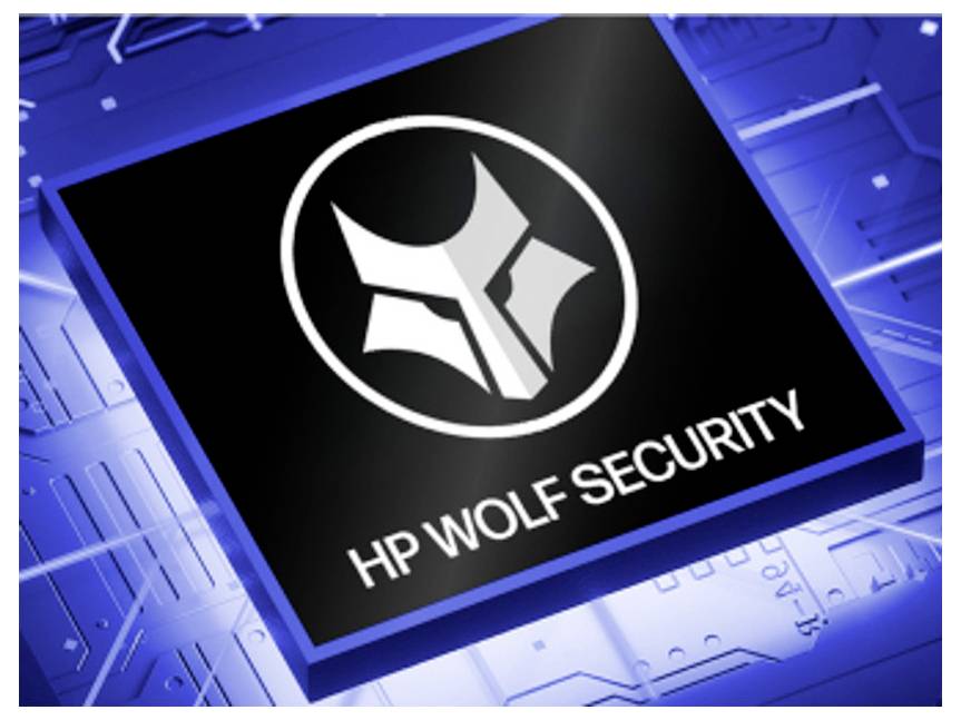 HP Wolf Security Logo auf einer schwarzen chipähnlichen Kachel vor einem blauen Leiterplattenhintergrund