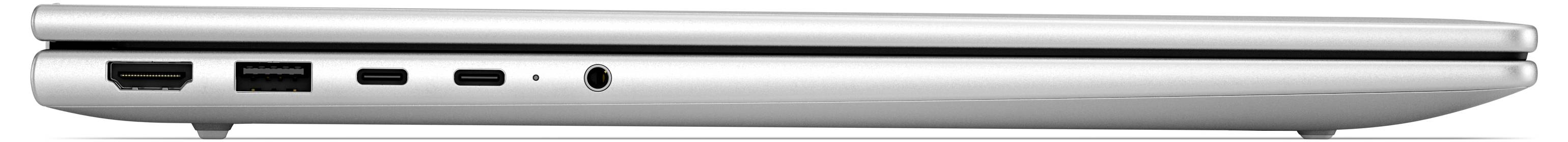 Seitenansicht eines geschlossenen silbernen Laptops mit schlankem Profil und mehreren Anschlüssen entlang der linken Kante.