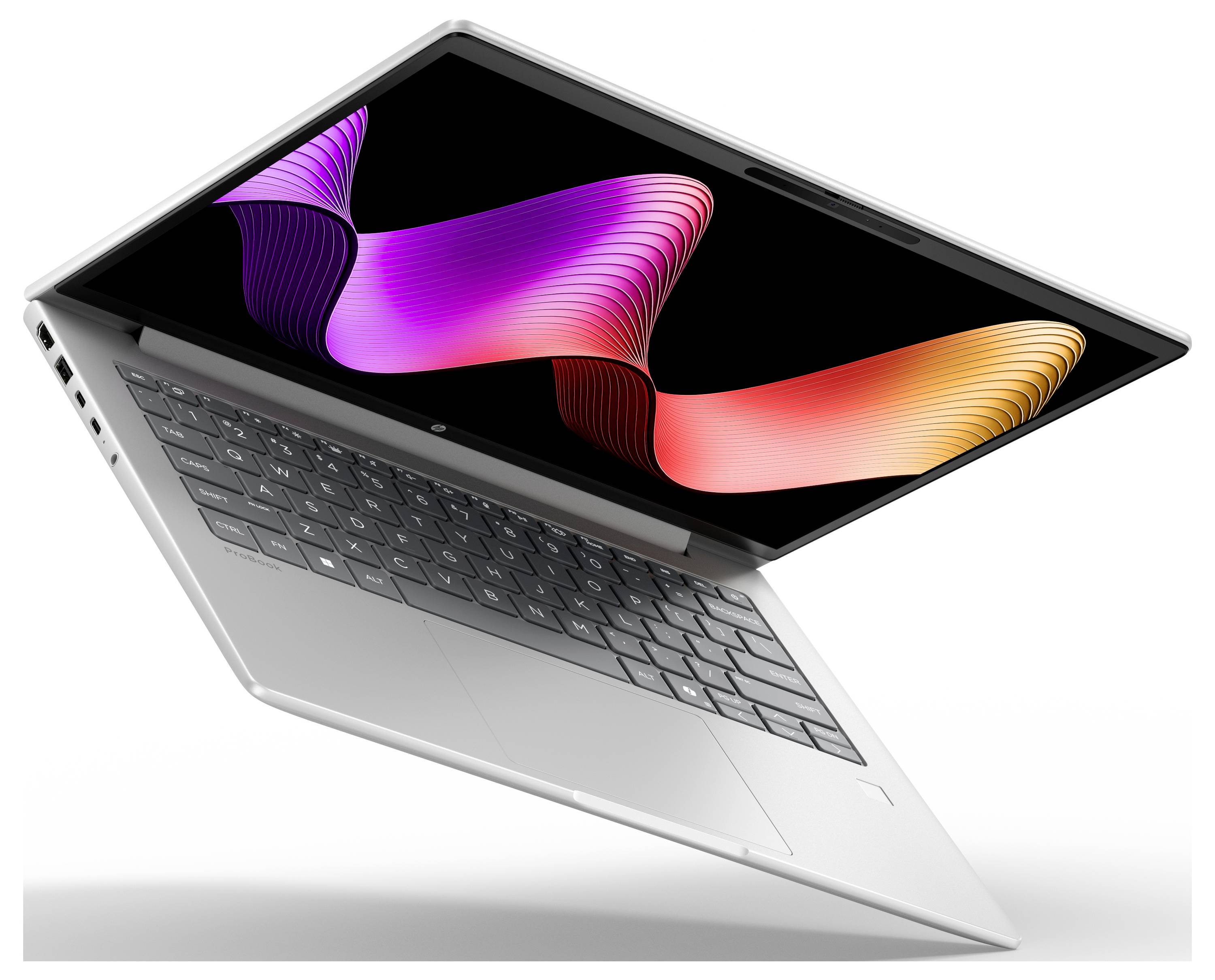 Silberner Laptop, teilweise geöffnet in einer geneigten Ansicht, zeigt eine farbenfrohe abstrakte Welle auf dem Bildschirm.