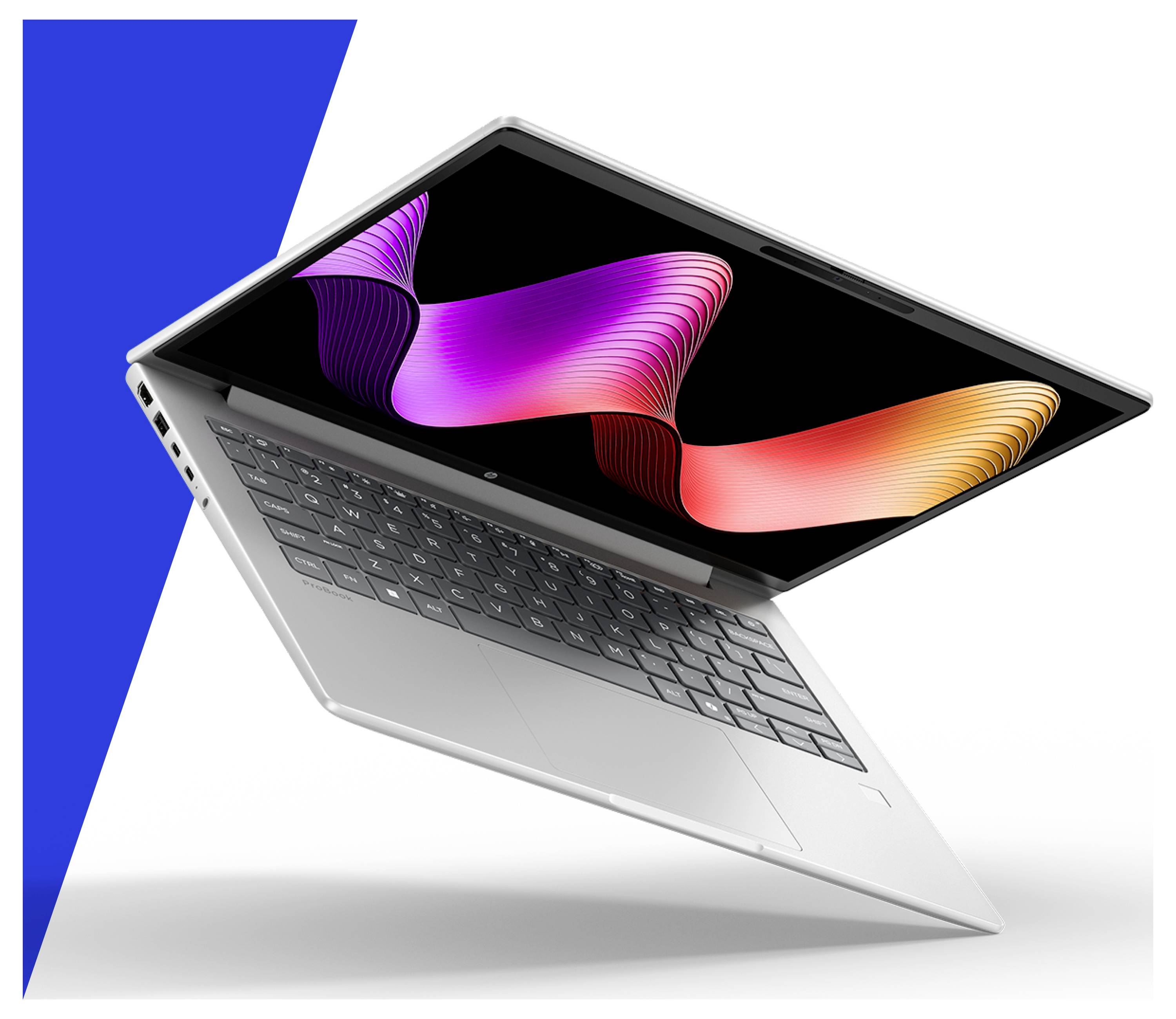 Ein silberner Laptop in einer zeltähnlichen offenen Position, der ein farbenfrohes abstraktes Display mit einer blauen geometrischen Akzentuierung auf weißem Hintergrund zeigt.