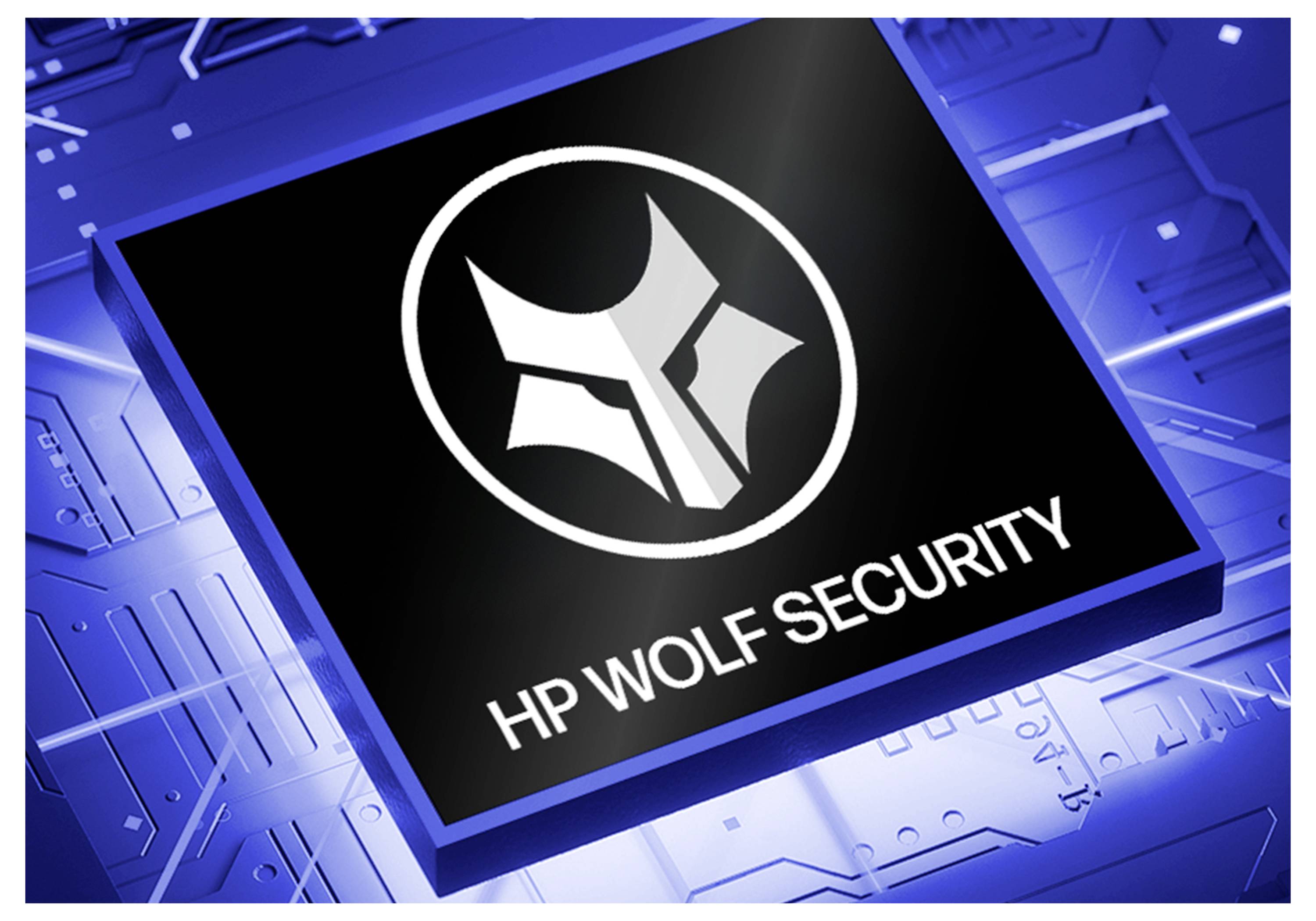HP Wolf Security Logo auf einem schwarzen Chip vor einem blauen technologiegestalteten Schaltkreishintergrund.