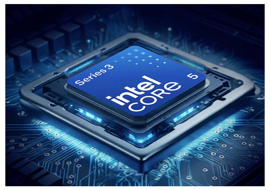 Ein leuchtender Intel Core 5 Series 3 Prozessor-Chip auf einer Leiterplatte, dargestellt in einer nahaufnahmigen Technologie-Illustration.
