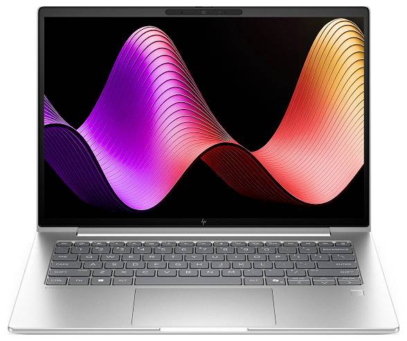 Silberner Laptop, geöffnet, mit einer farbenfrohen abstrakten Welle auf dem Bildschirm.