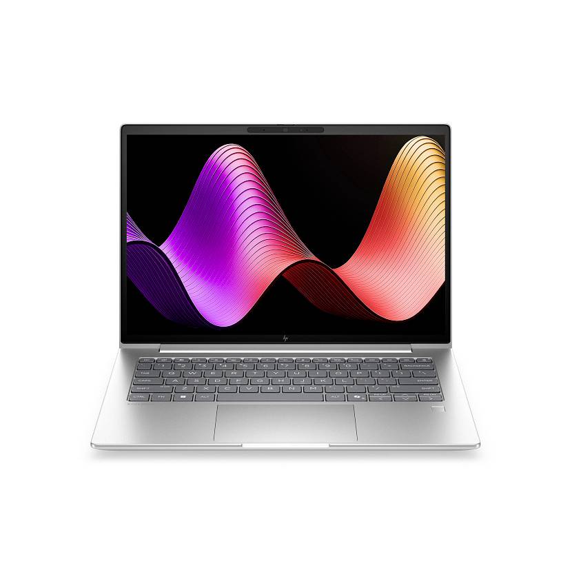 Silberner Laptop, der geöffnet angezeigt wird, mit einem farbenfrohen abstrakten Wellen-Hintergrundbild auf dem Bildschirm.