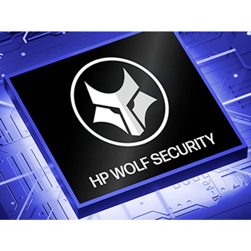 HP Wolf Security-Logo auf einem schwarzen quadratischen chipähnlichen Panel über einem blauen Leiterplattenhintergrund