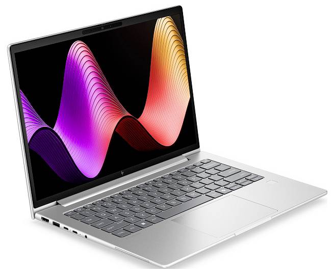 Silberner Laptop in einem Winkel geöffnet mit einem farbenfrohen abstrakten Wellenmuster auf dem Bildschirm.