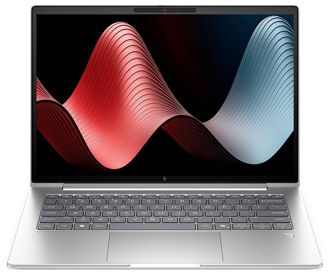 Silberner Laptop mit einem Bildschirm, auf dem abstrakte rote und blaue fließende Wellengrafiken auf dunklem Hintergrund angezeigt werden.