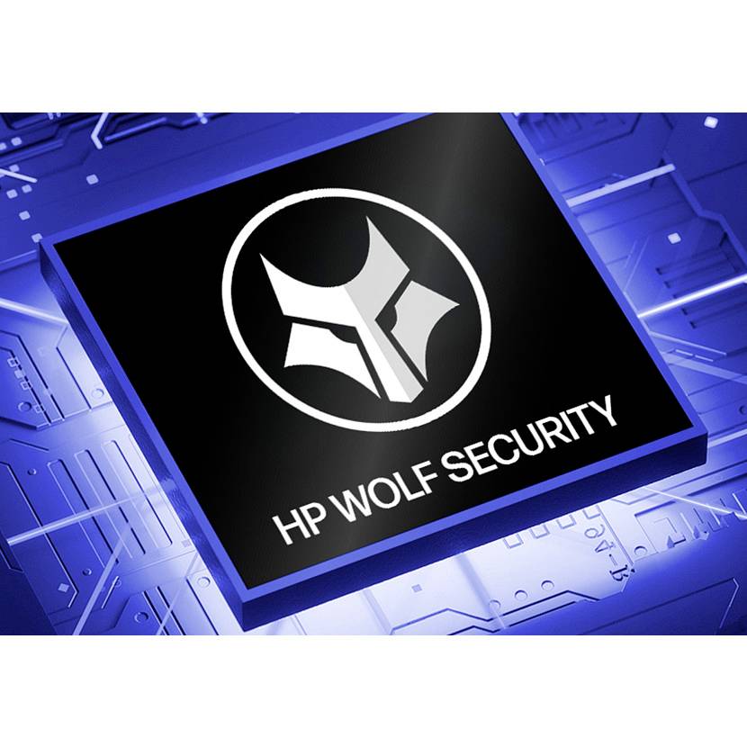 HP Wolf Security Logo auf einem schwarzen Mikroprozessor-Symbol vor einem blauen Leiterplattenhintergrund.