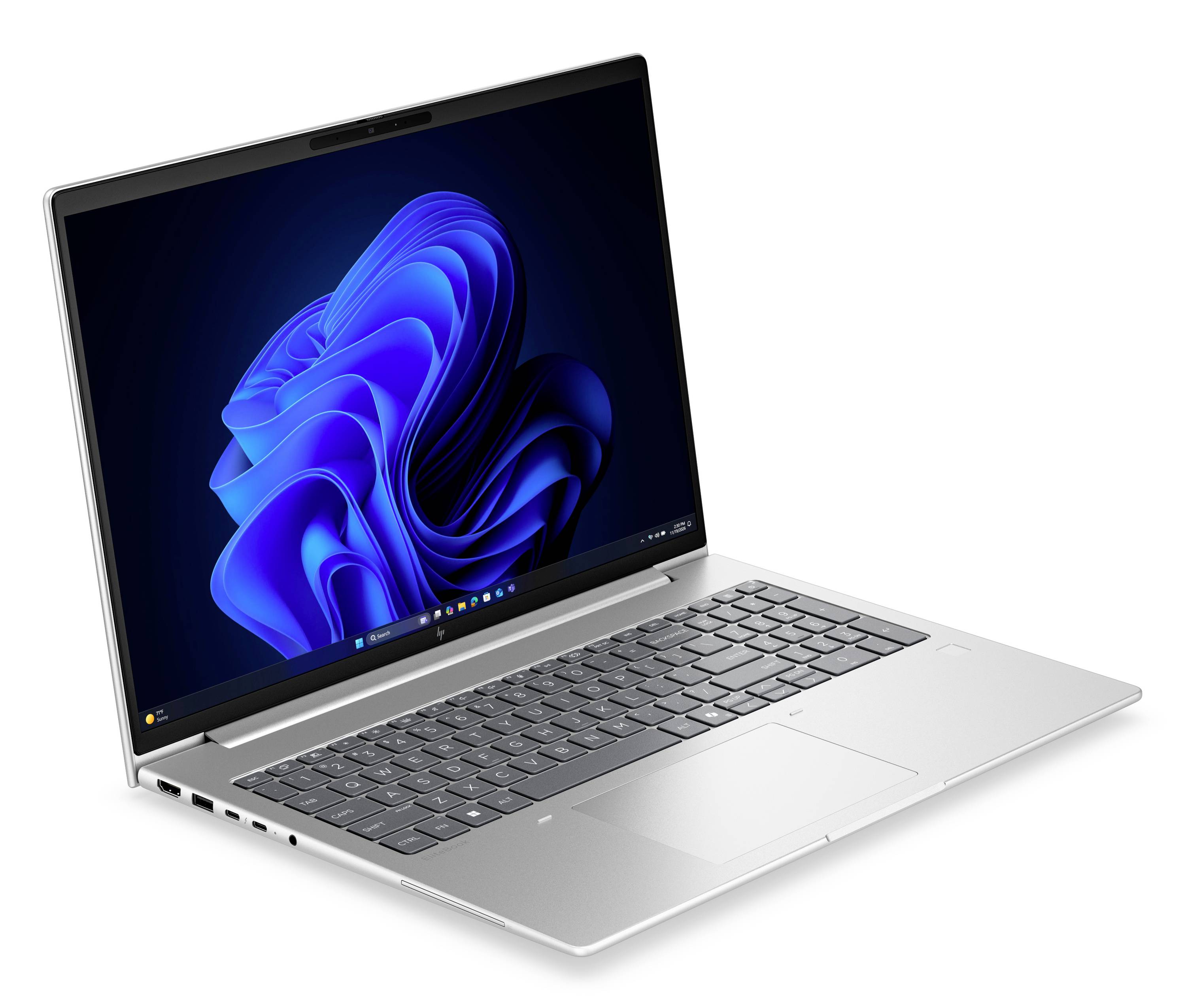 Silberner Laptop in einem Winkel geöffnet, zeigt auf dem Bildschirm eine blaue abstrakte Tapete.
