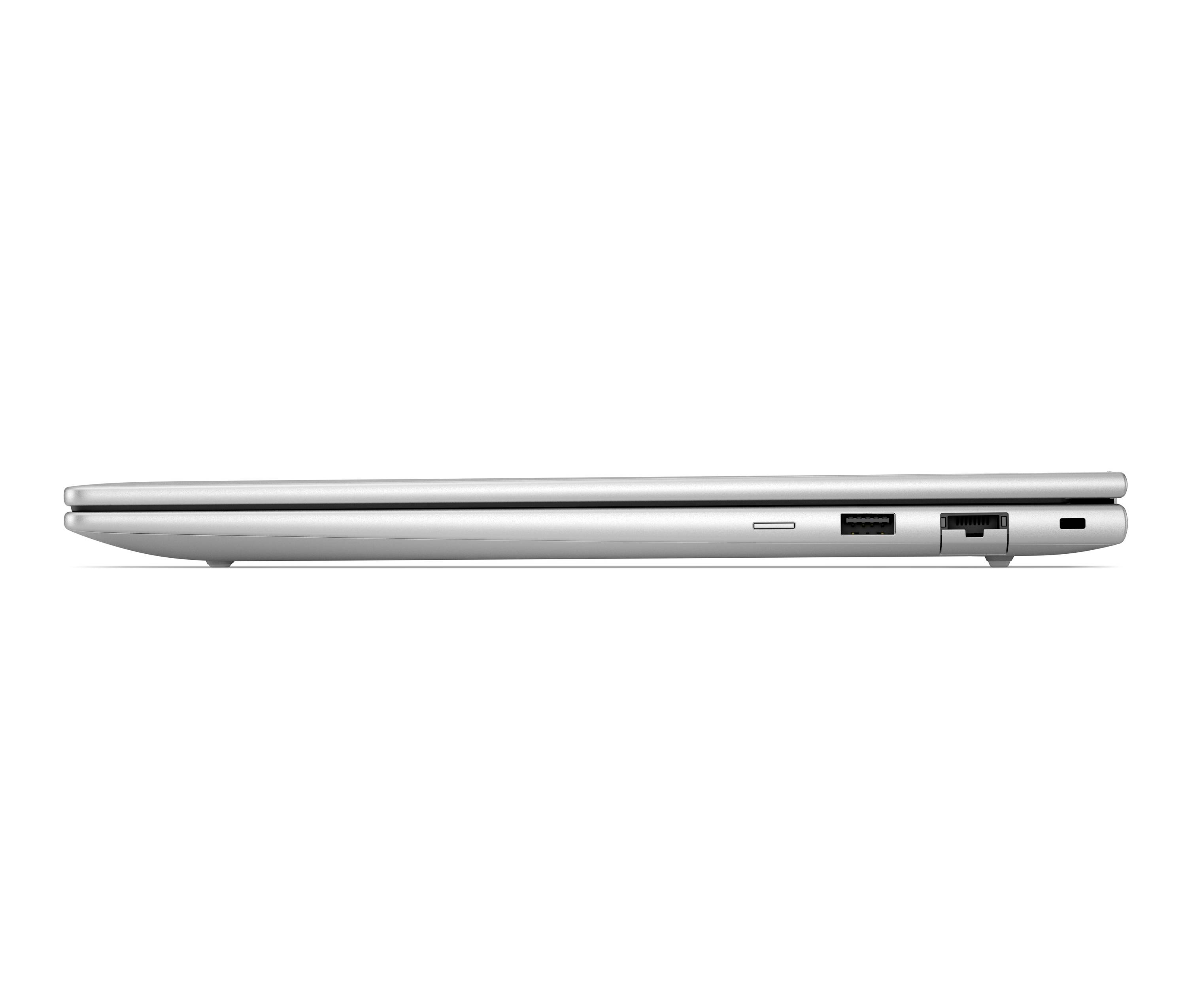 Seitenansicht eines geschlossenen silbernen Laptops, die sein schlankes Profil und die Anschlüsse an der rechten Kante zeigt.