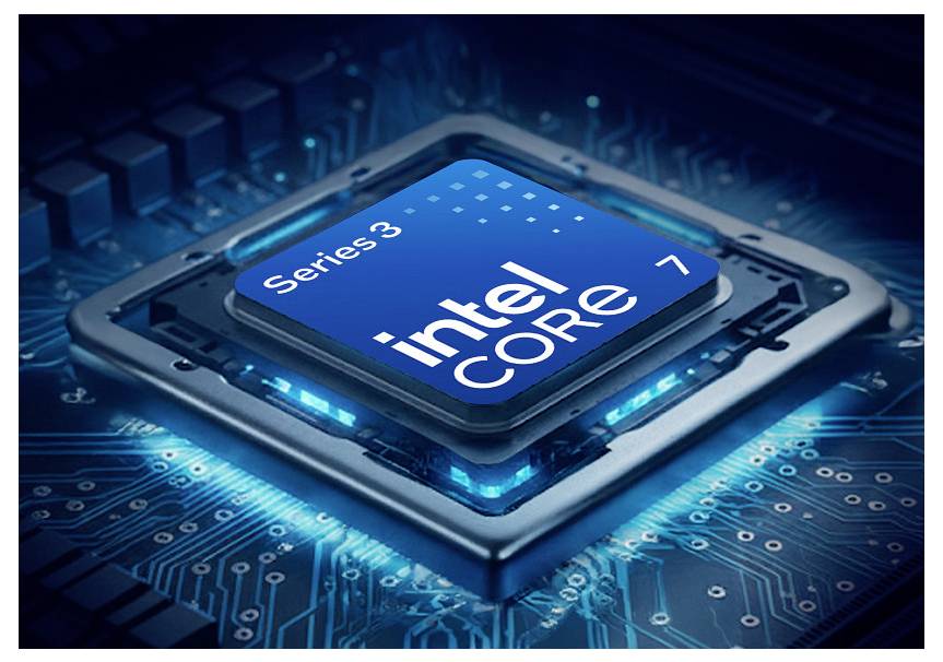 Nahaufnahme eines Intel Core 7 Serie 3 Prozessor-Chips, der auf einer Leiterplatte blau leuchtet.